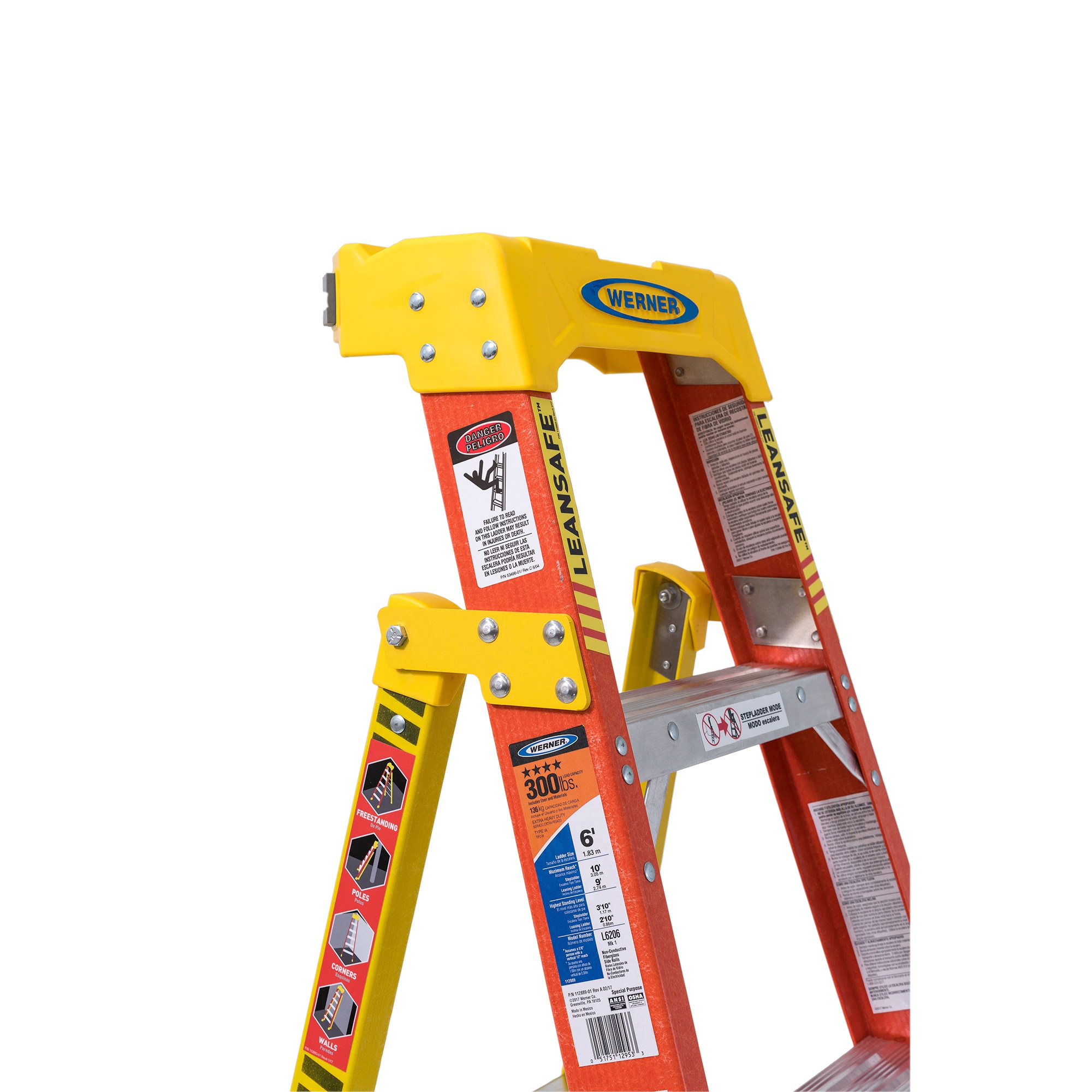Escalera de fibra de vidrio tipo 1A Werner L6200 de 8 pies (altura máxima de 12 pies) - Capacidad de carga de 300 libras. Escalera de tijera L6208.