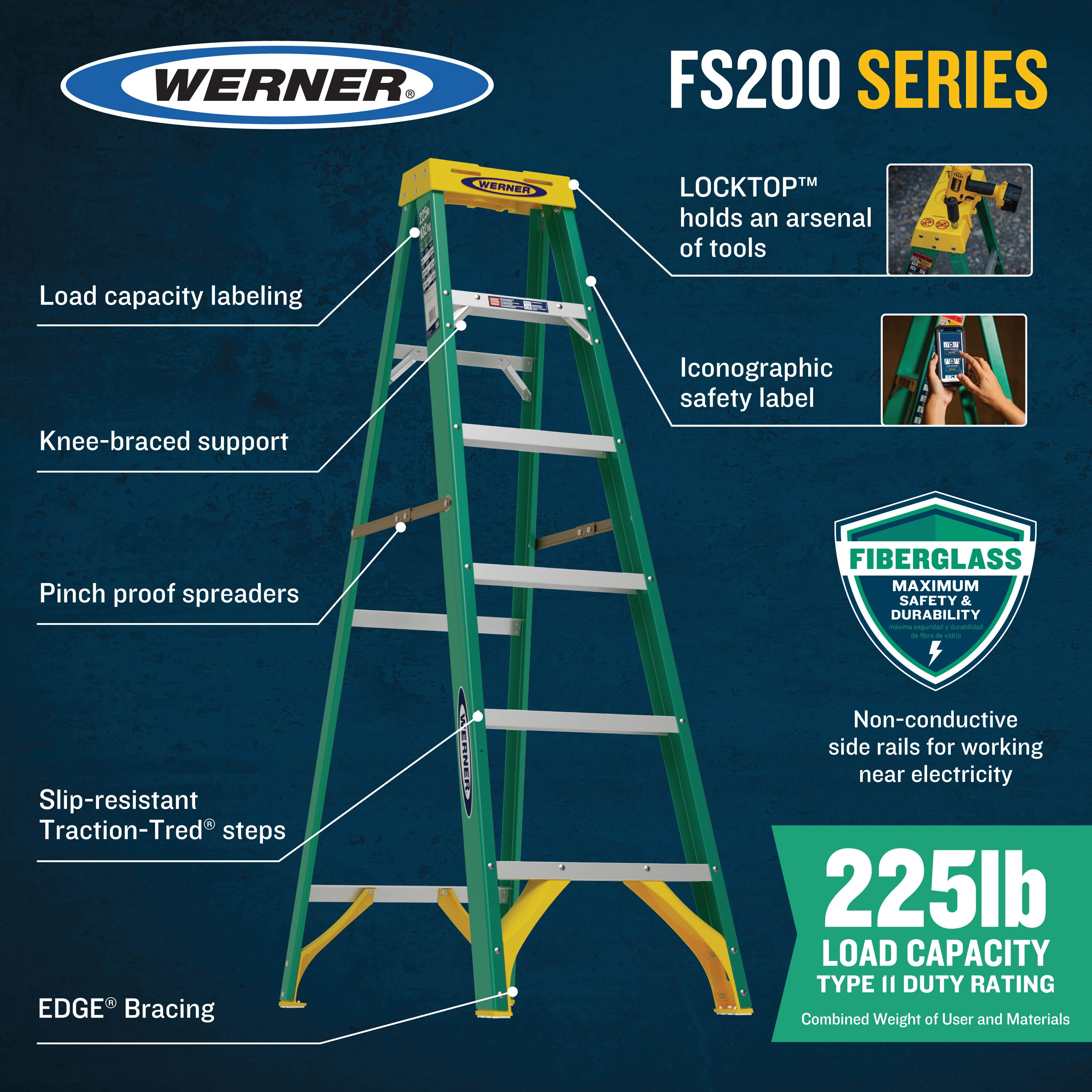 Escalera de fibra de vidrio tipo 2 Werner FS200 de 6.0 pies (altura de alcance de 10 pies) con capacidad de carga de 225 lbs FS206.