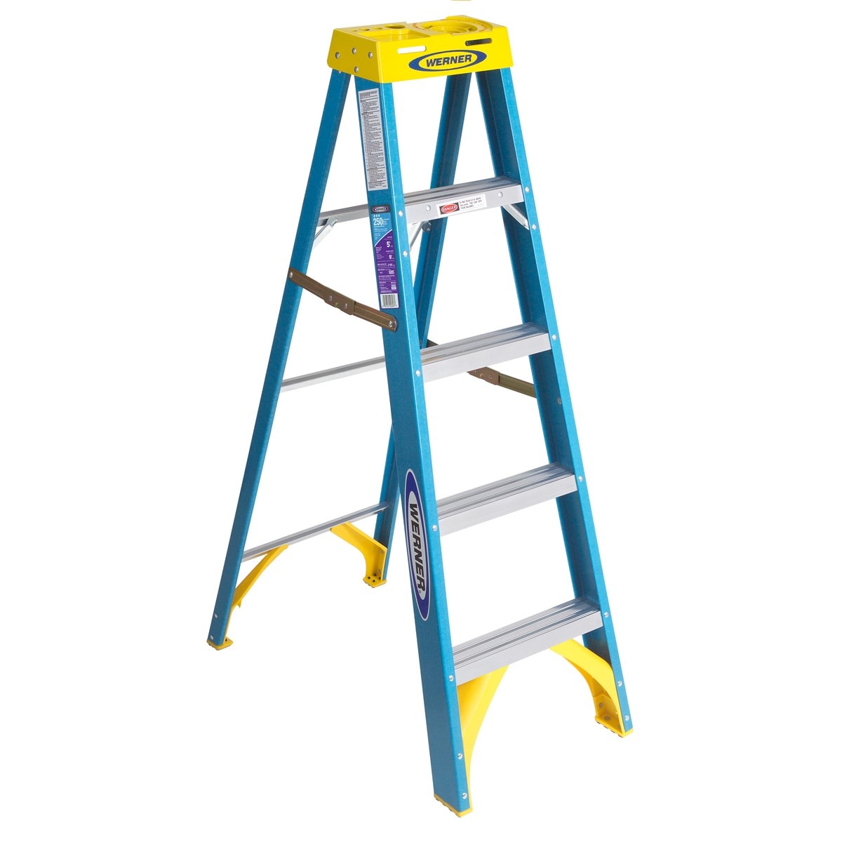 Escalera de fibra de vidrio tipo 1 de 5 pies (altura de alcance de 9 pies) Werner 6000 con capacidad de carga de 250 lbs. Escalera de tijera 6005.