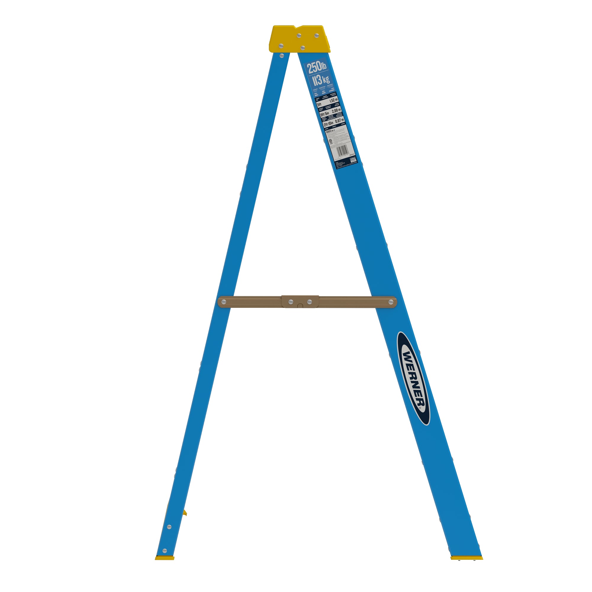 Escalera de fibra de vidrio tipo 1 de 5 pies (altura de alcance de 9 pies) Werner 6000 con capacidad de carga de 250 lbs. Escalera de tijera 6005.