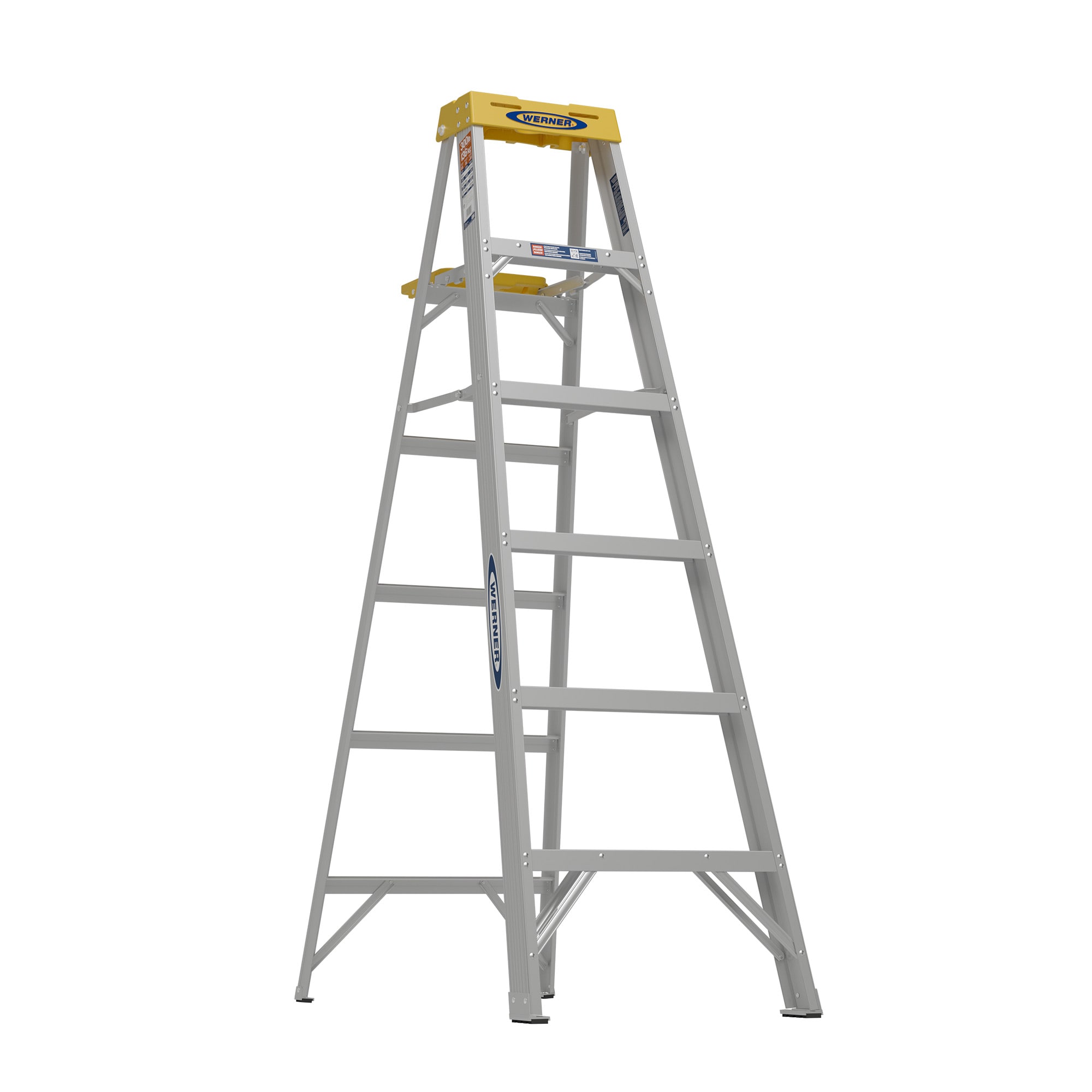 Escalera de aluminio tipo 1A Werner 370 de 6 pies (altura de alcance de 10 pies) - Capacidad de carga de 300 libras. Escalera de tijera 376.