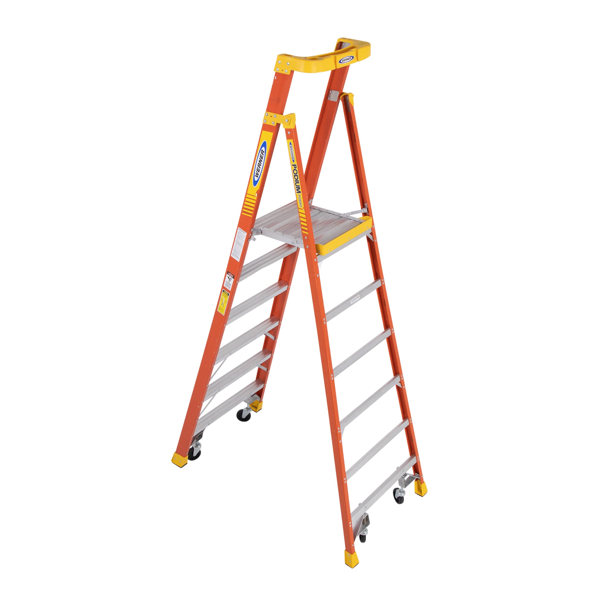 Escalera de podio de fibra de vidrio de 9 pies (alcance de 12 pies) tipo 1A con capacidad de carga de 300 lbs. Escalera de podio PD6206-4C