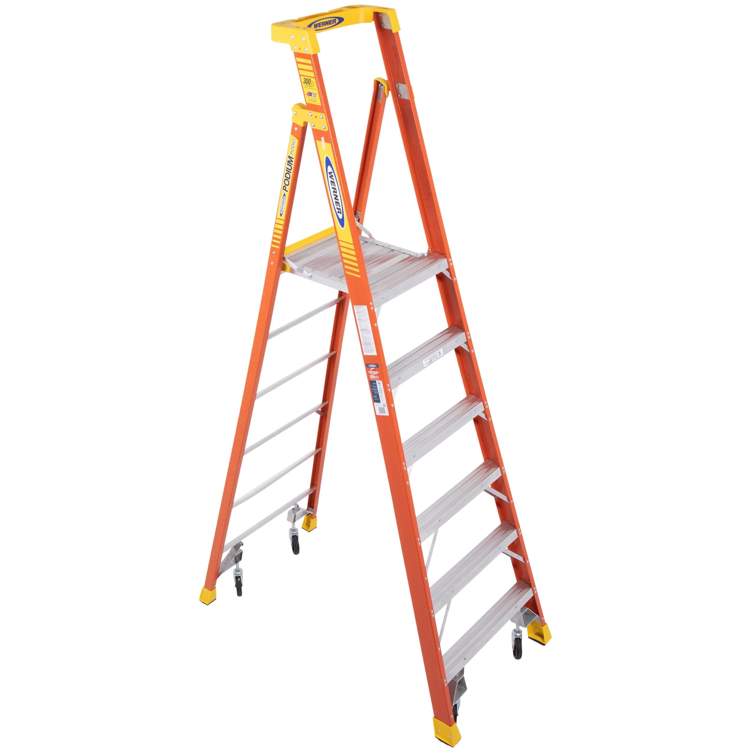 Escalera de podio de fibra de vidrio de 9 pies (alcance de 12 pies) tipo 1A con capacidad de carga de 300 lbs. Escalera de podio PD6206-4C
