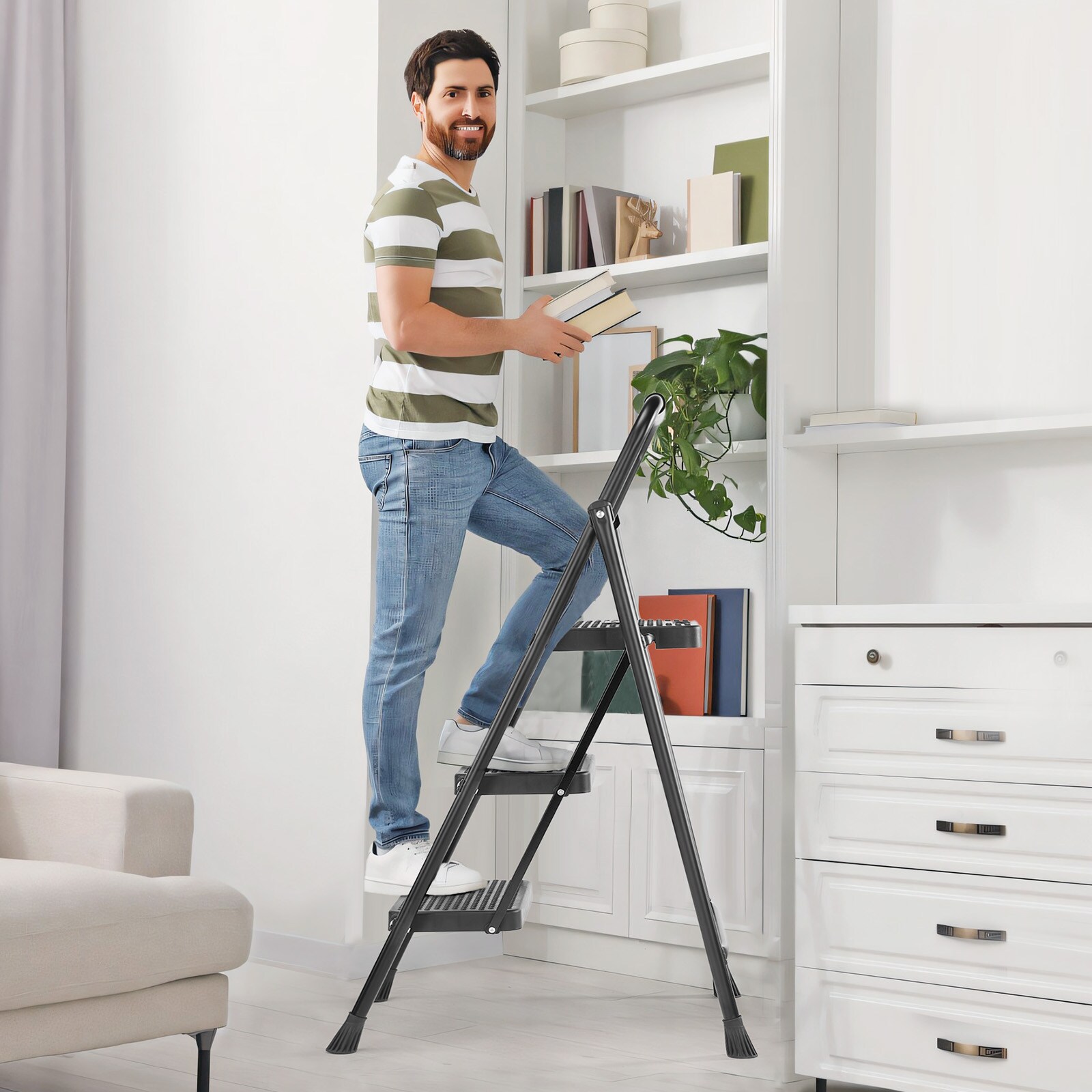 Escalera plegable de 3 pasos Kahomvis de acero con capacidad de carga no calificada (3.4 pies de altura - 8.8 pies de alcance)