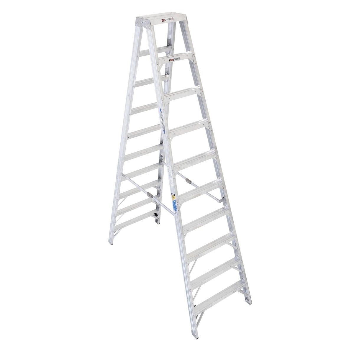 Escalera gemela de aluminio Tipo 1AA Werner T410 de 10 pies (altura de alcance de 14 pies) con capacidad de carga de 375 lbs.