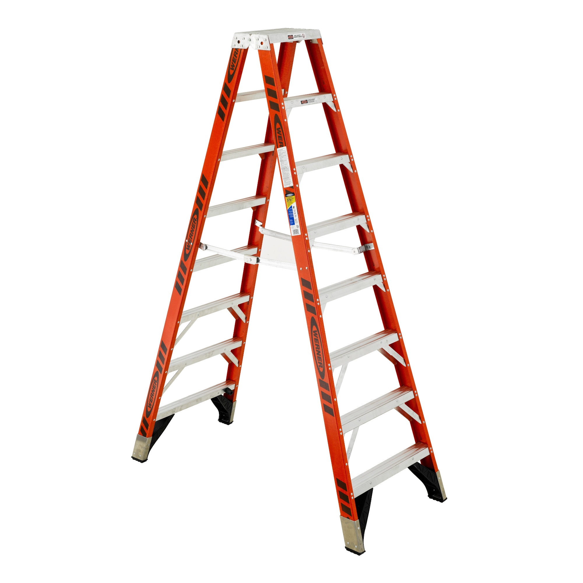 Escalera gemela de fibra de vidrio Tipo 1AA Werner T7400 de 8 pies (12 pies de altura de alcance) con capacidad de carga de 375 libras.