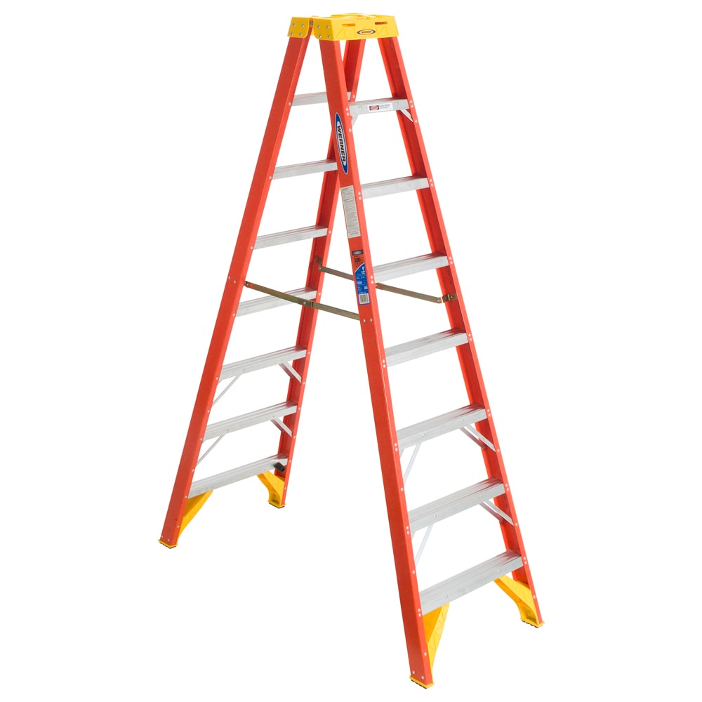Escalera gemela de fibra de vidrio tipo 1A de 8 pies (altura de alcance de 12 pies) Werner T6208 con capacidad de carga de 300 libras.