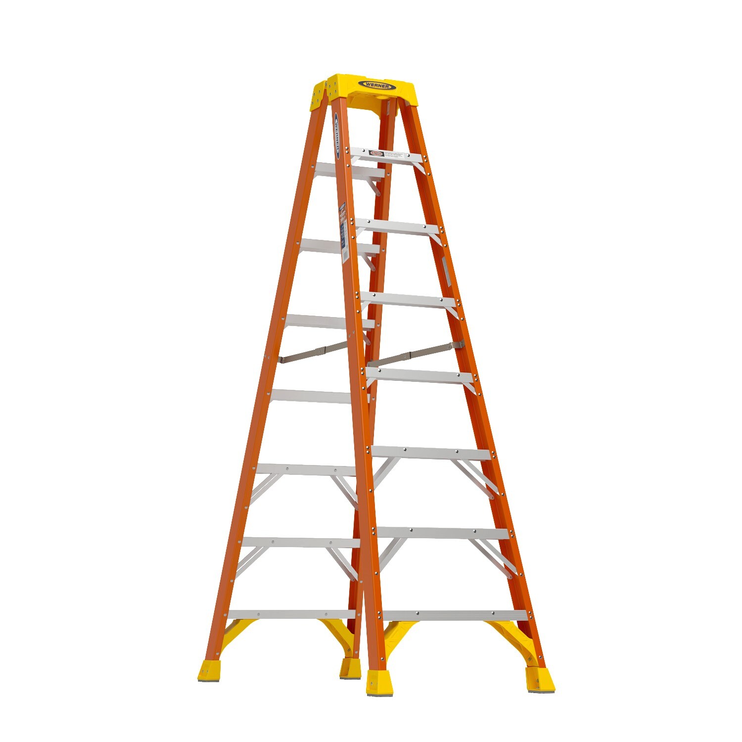 Escalera gemela de fibra de vidrio tipo 1A de 8 pies (altura de alcance de 12 pies) Werner T6208 con capacidad de carga de 300 libras.