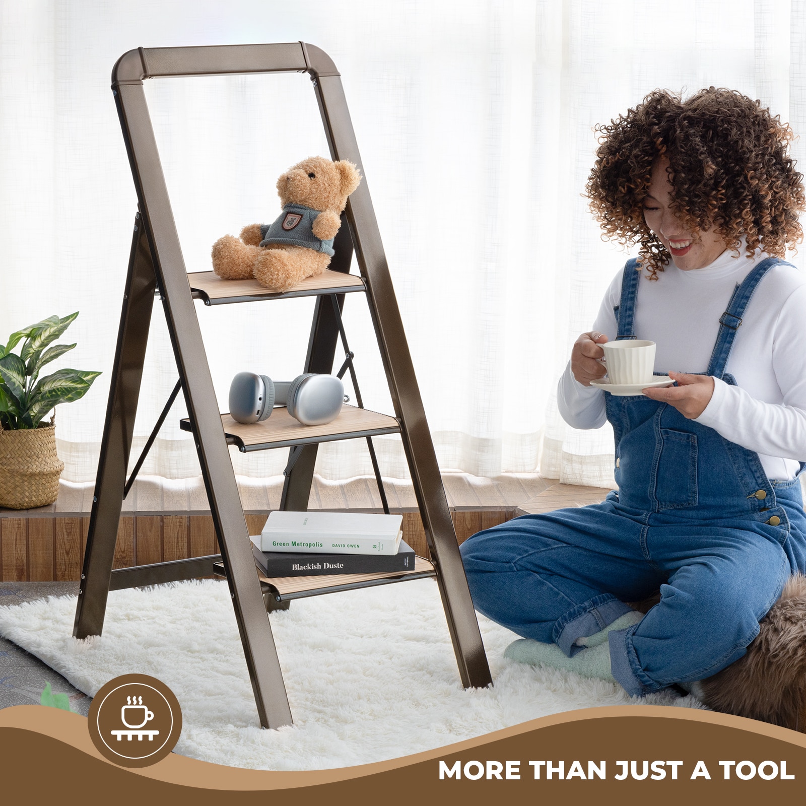 Taburete Plegable Siavonce de 3.38 pies (7.5 pies de altura de alcance) de Aluminio Capacidad de carga no clasificada Escalera de 3 peldaños ZX-01852