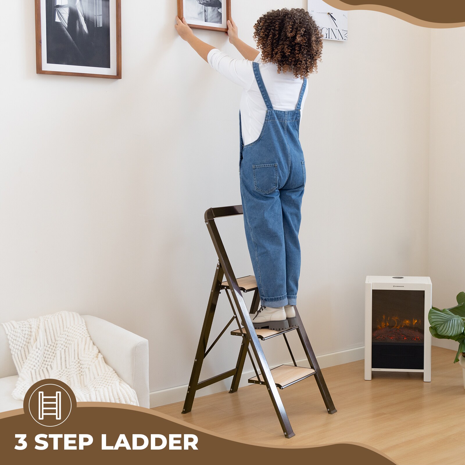 Taburete Plegable Siavonce de 3.38 pies (7.5 pies de altura de alcance) de Aluminio Capacidad de carga no clasificada Escalera de 3 peldaños ZX-01852