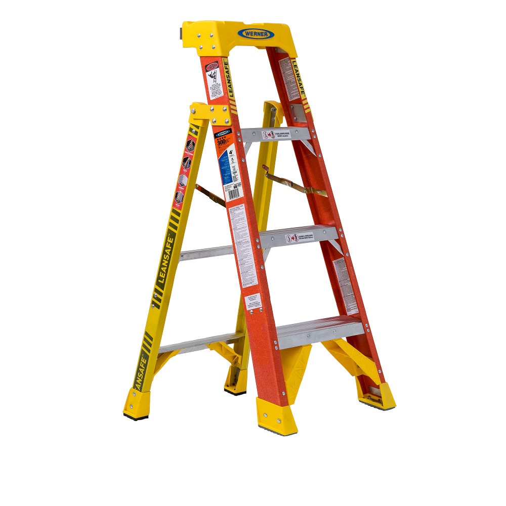 Escalera de tijera de fibra de vidrio Werner L6200 de 4 pies (altura de alcance de 8 pies) Tipo 1A con capacidad de carga de 136 kg - Escalera de tijera L6204