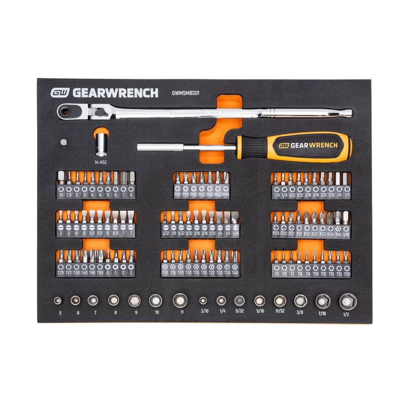 Juego de herramientas mecánicas GEARWRENCH de 1/4 de pulgada en bandeja de almacenamiento de espuma con microbits (105 piezas) - GWMSMBS01
