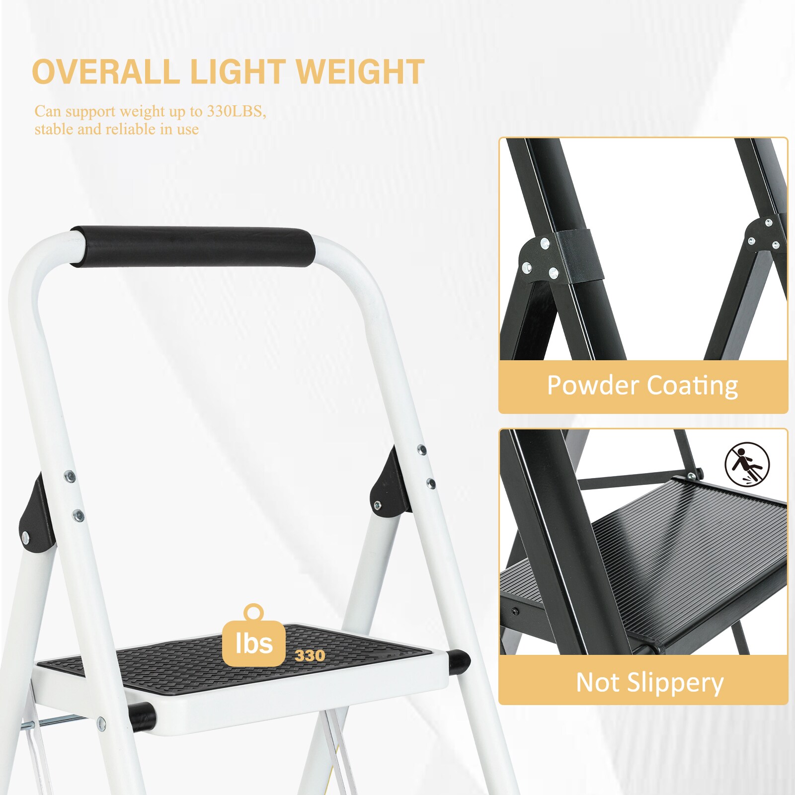 Taburete Plegable de Acero Blanco con Capacidad de 330 lb en 3 Pasos Maocao Hoom