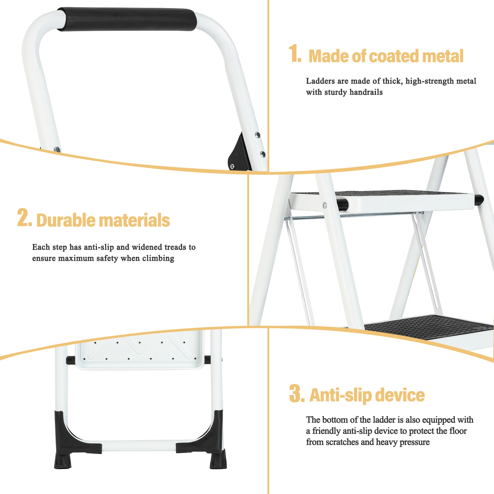 Taburete Plegable de Acero Blanco con Capacidad de 330 lb en 3 Pasos Maocao Hoom