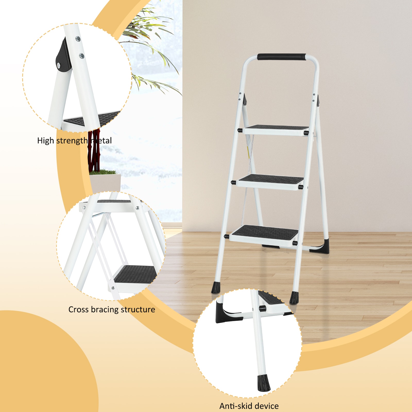 Taburete Plegable de Acero Blanco con Capacidad de 330 lb en 3 Pasos Maocao Hoom