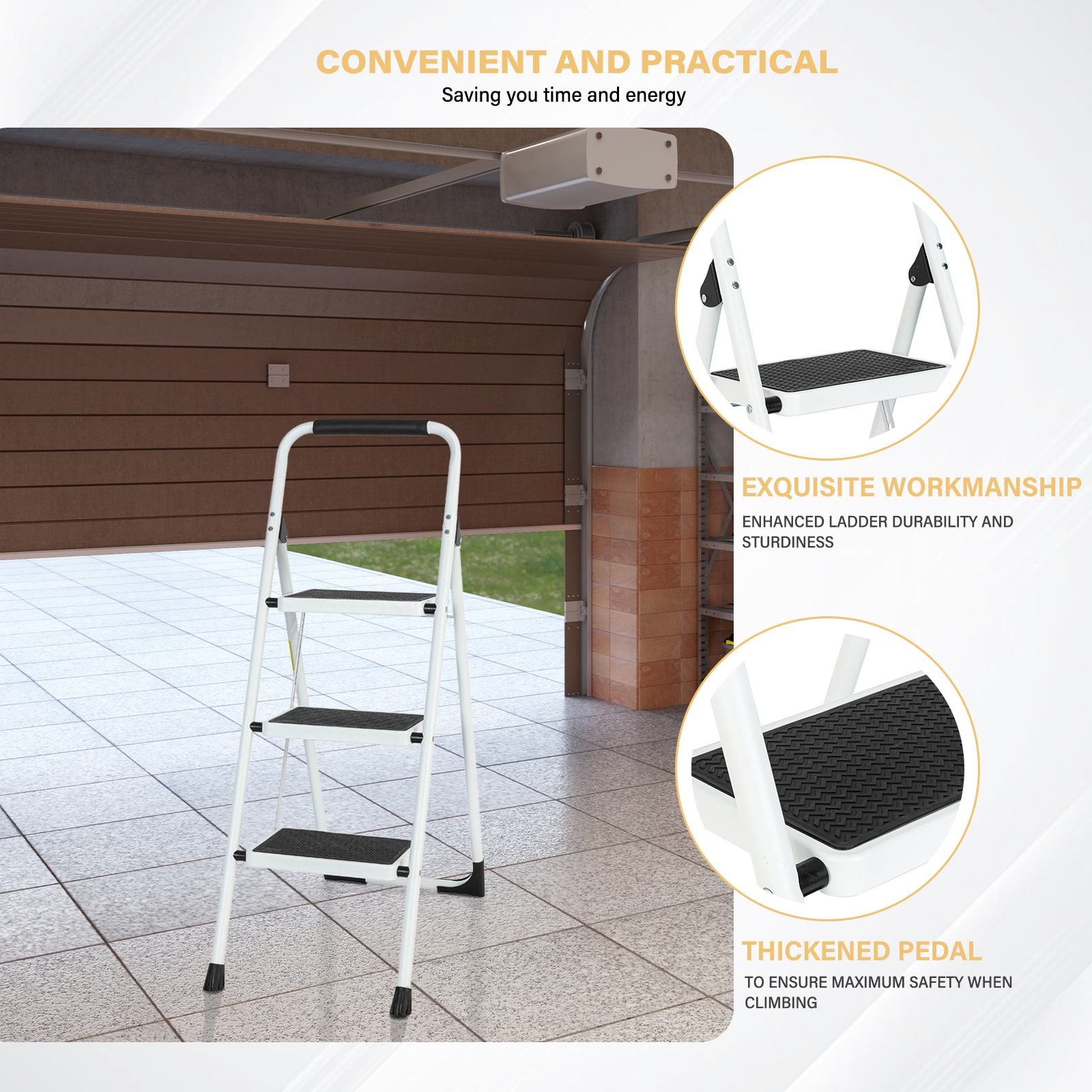 Taburete Plegable de Acero Blanco con Capacidad de 330 lb en 3 Pasos Maocao Hoom