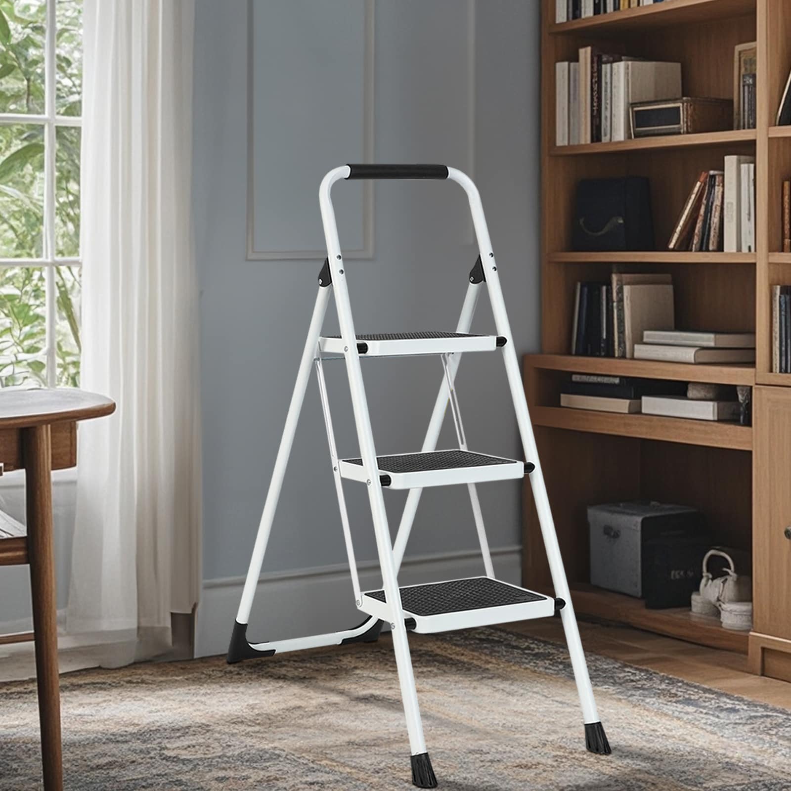 Taburete Plegable de Acero Blanco con Capacidad de 330 lb en 3 Pasos Maocao Hoom