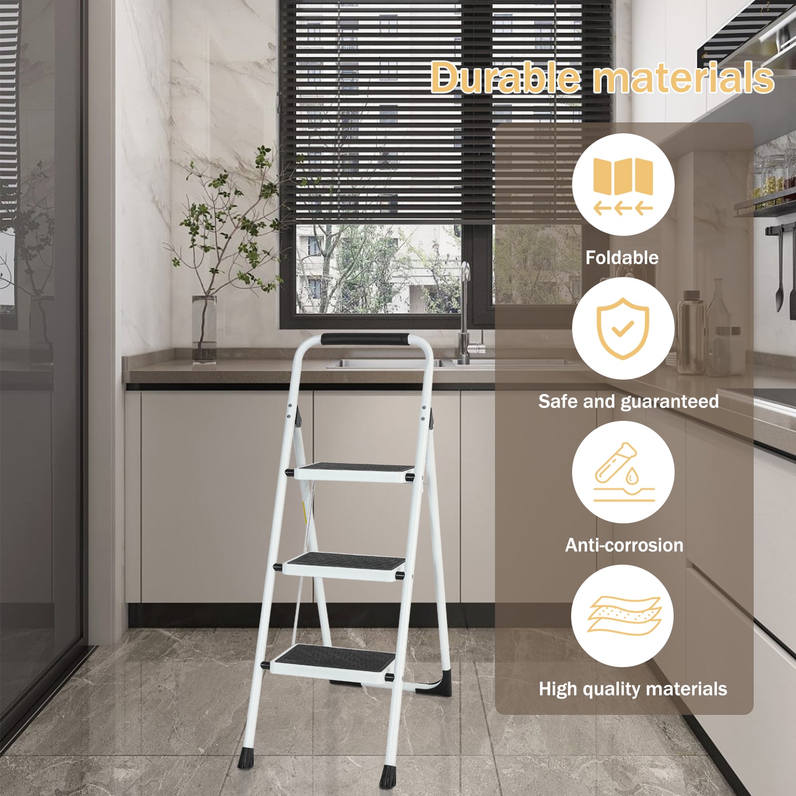Taburete Plegable de Acero Blanco con Capacidad de 330 lb en 3 Pasos Maocao Hoom