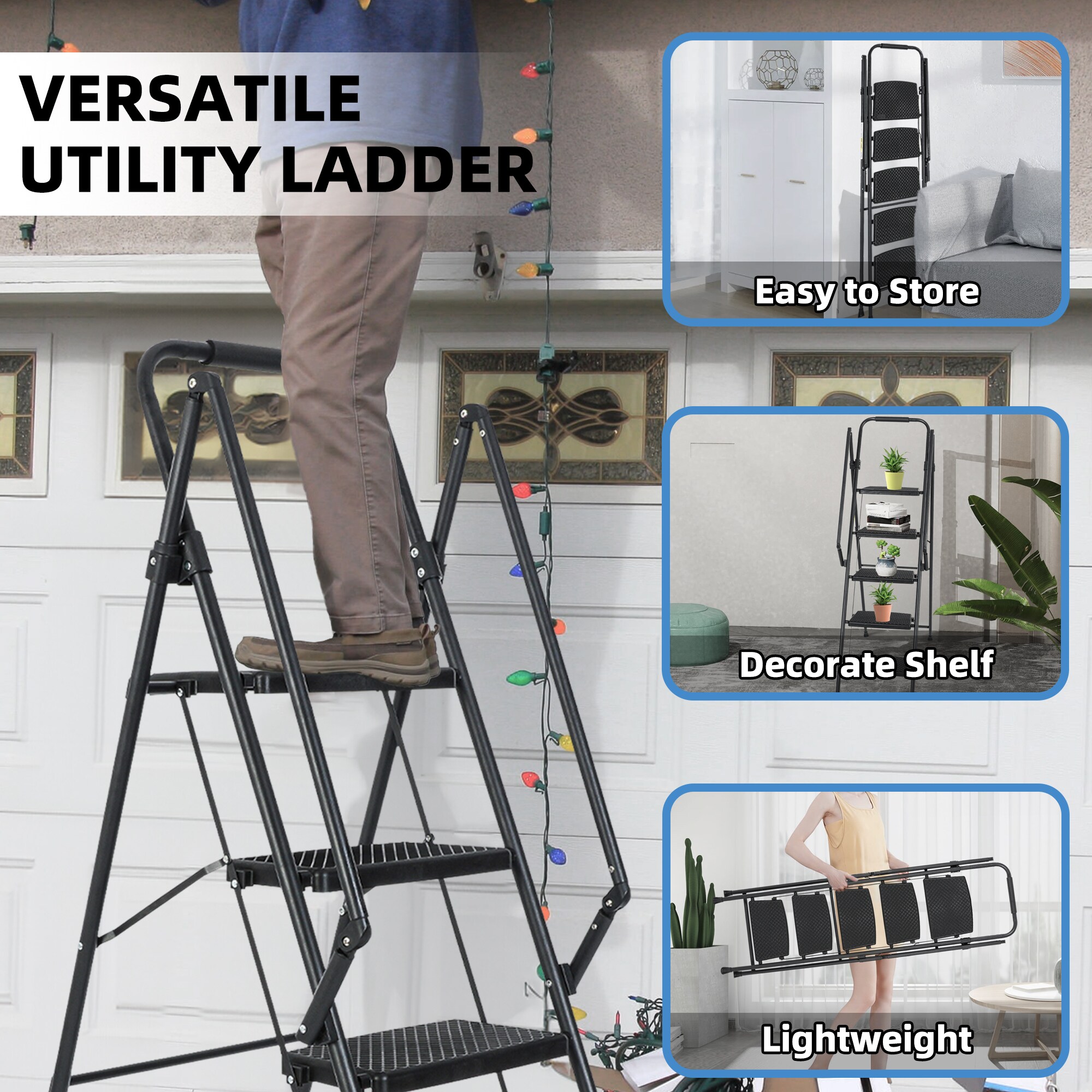 Escalera de 5 Peldaños Siavonce con Capacidad de 550 lb de Acero Negro Plegable paso XH44665