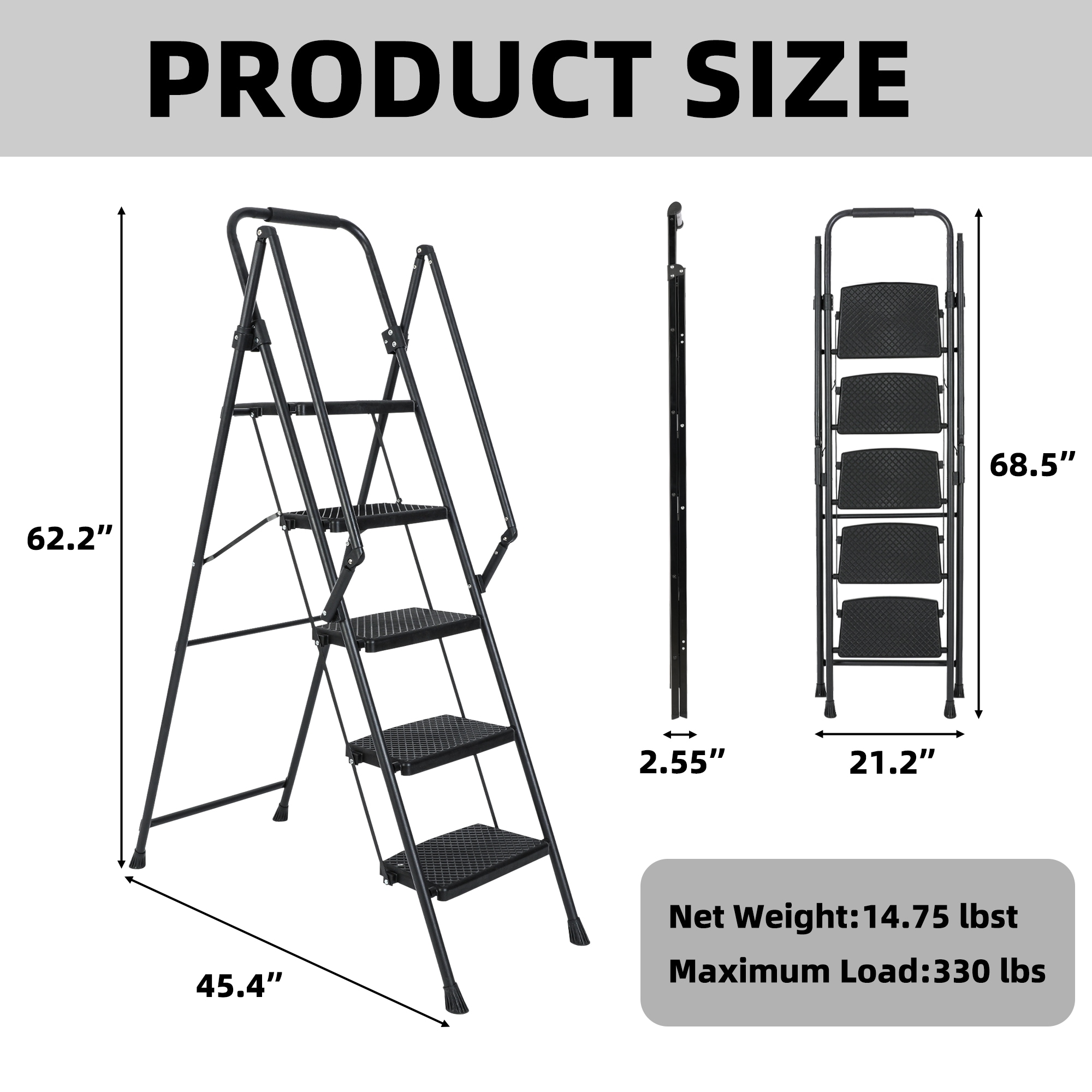 Escalera de 5 Peldaños Siavonce con Capacidad de 550 lb de Acero Negro Plegable paso XH44665