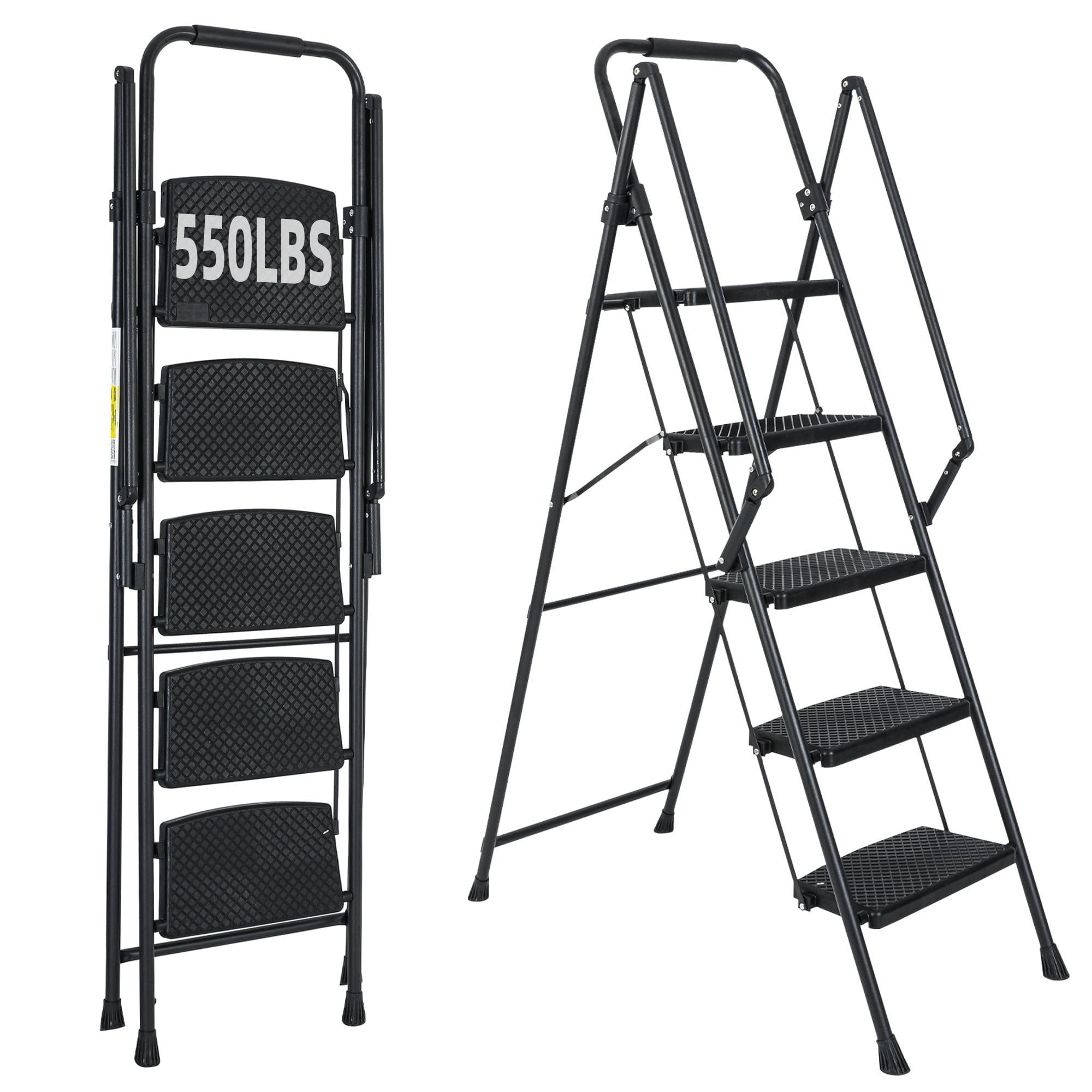 Escalera de 5 Peldaños Siavonce con Capacidad de 550 lb de Acero Negro Plegable paso XH44665