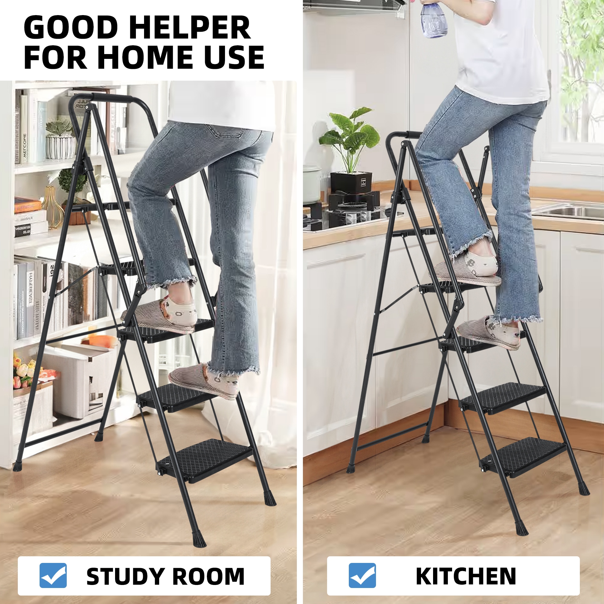 Escalera de 5 Peldaños Siavonce con Capacidad de 550 lb de Acero Negro Plegable paso XH44665