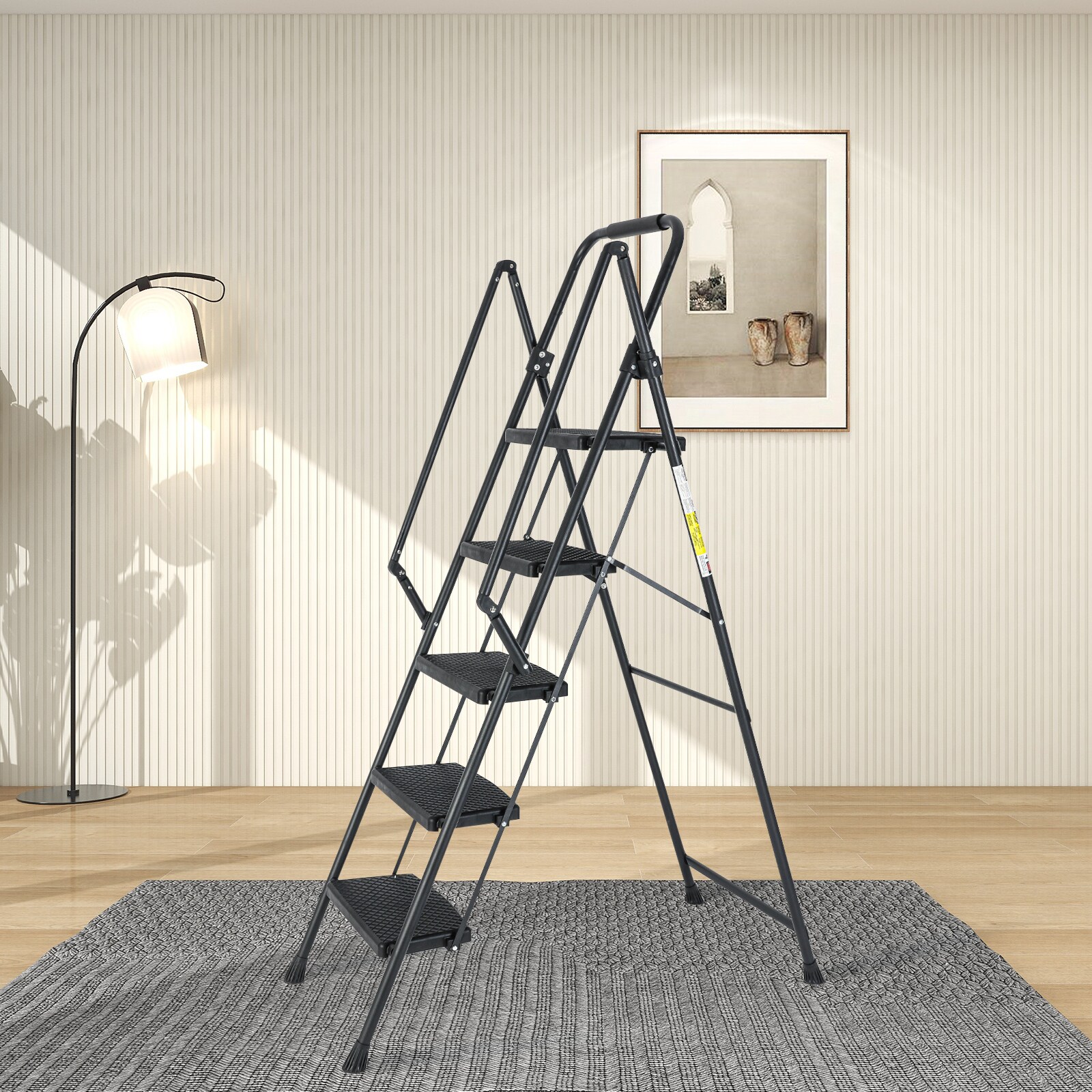 Escalera de 5 Peldaños Siavonce con Capacidad de 550 lb de Acero Negro Plegable paso XH44665