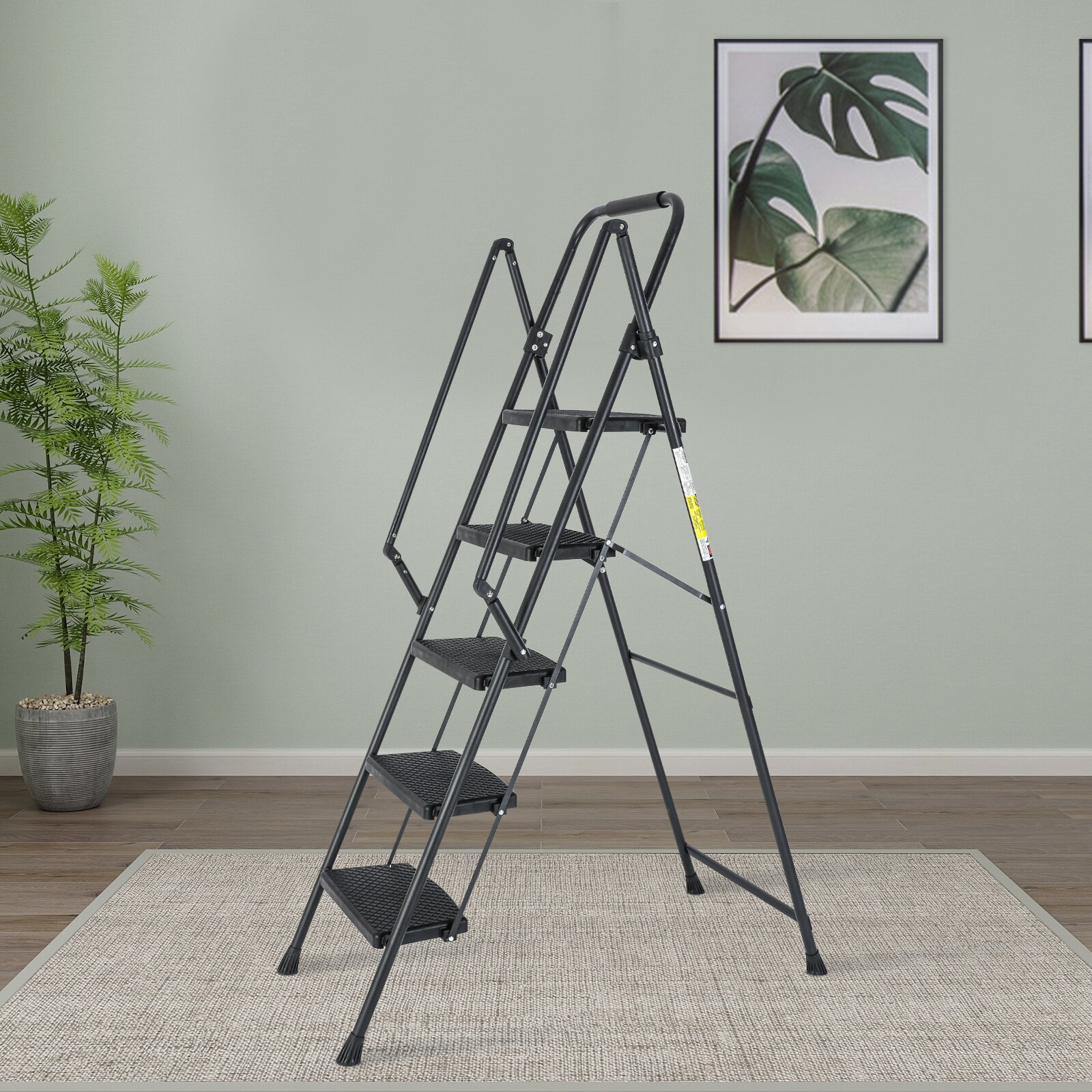 Escalera de 5 Peldaños Siavonce con Capacidad de 550 lb de Acero Negro Plegable paso XH44665