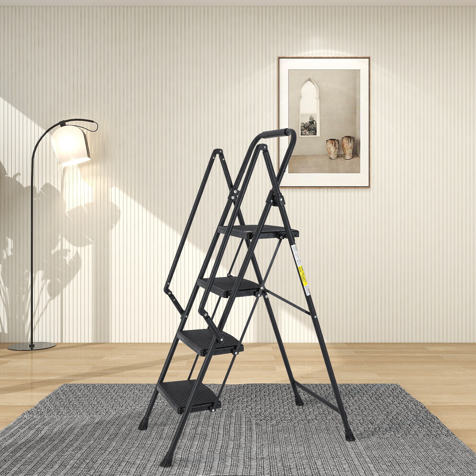 Escalera de 4 pasos Siavonce - Capacidad de 550 lb en acero negro plegable Paso FZ-D0102HRIMCT