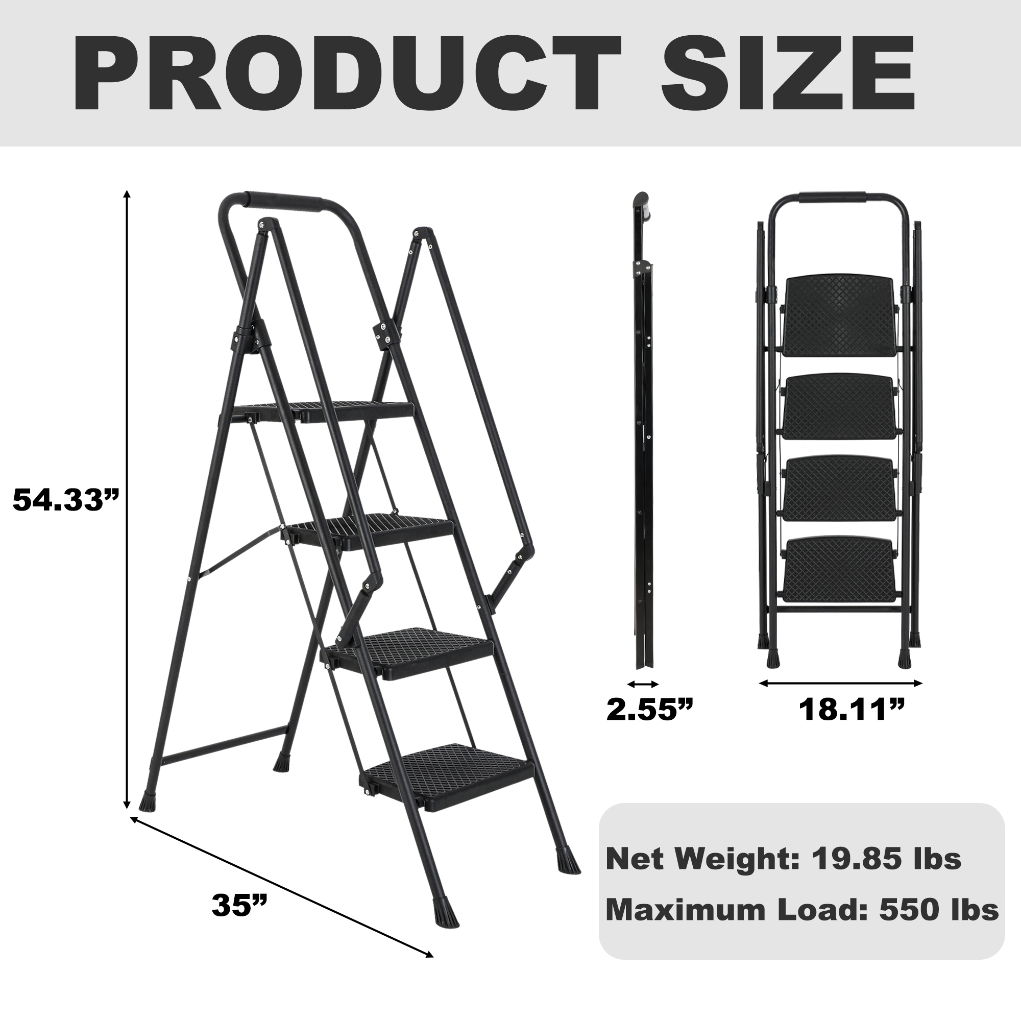 Escalera de 4 pasos Siavonce - Capacidad de 550 lb en acero negro plegable Paso FZ-D0102HRIMCT