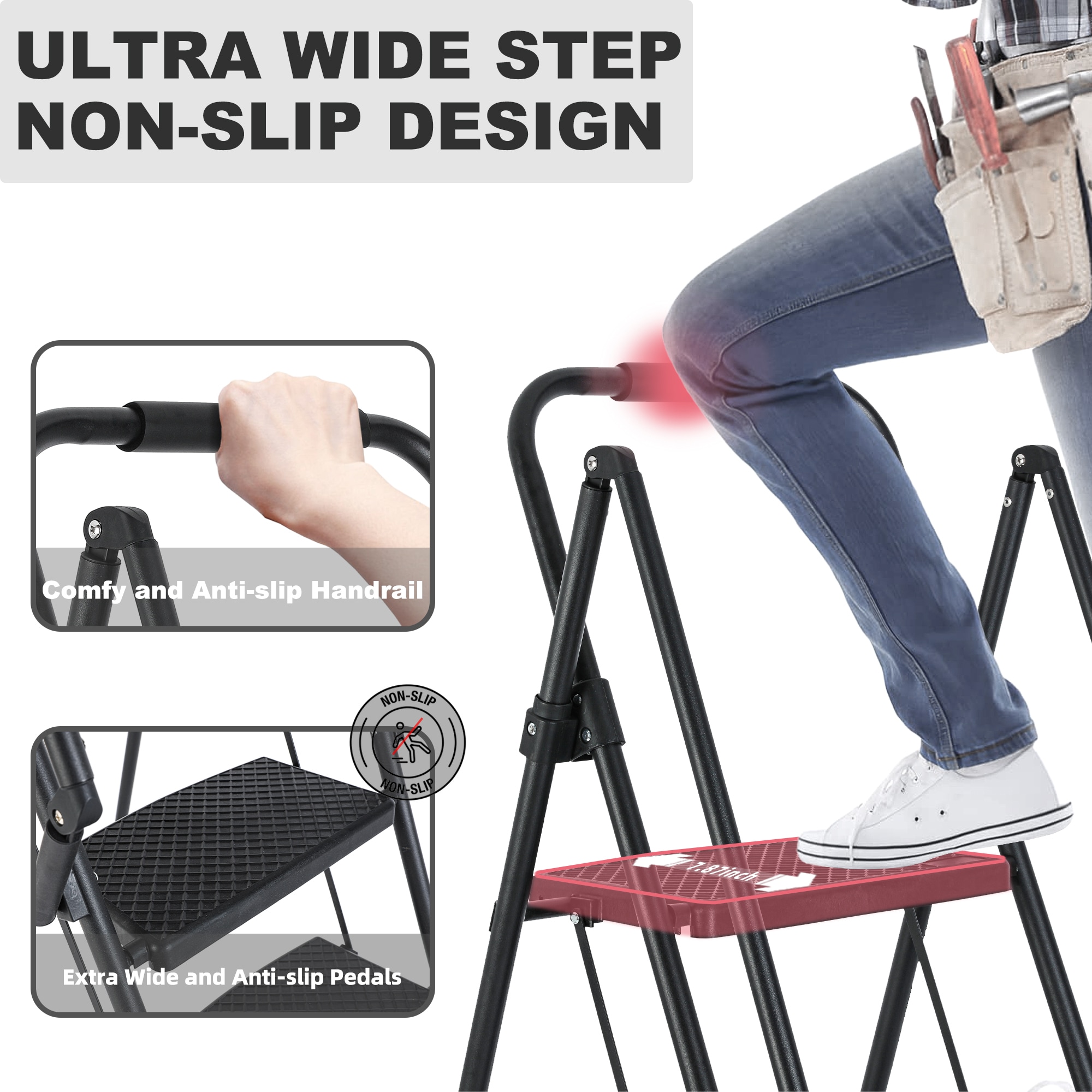 Escalera de 4 pasos Siavonce - Capacidad de 550 lb en acero negro plegable Paso FZ-D0102HRIMCT