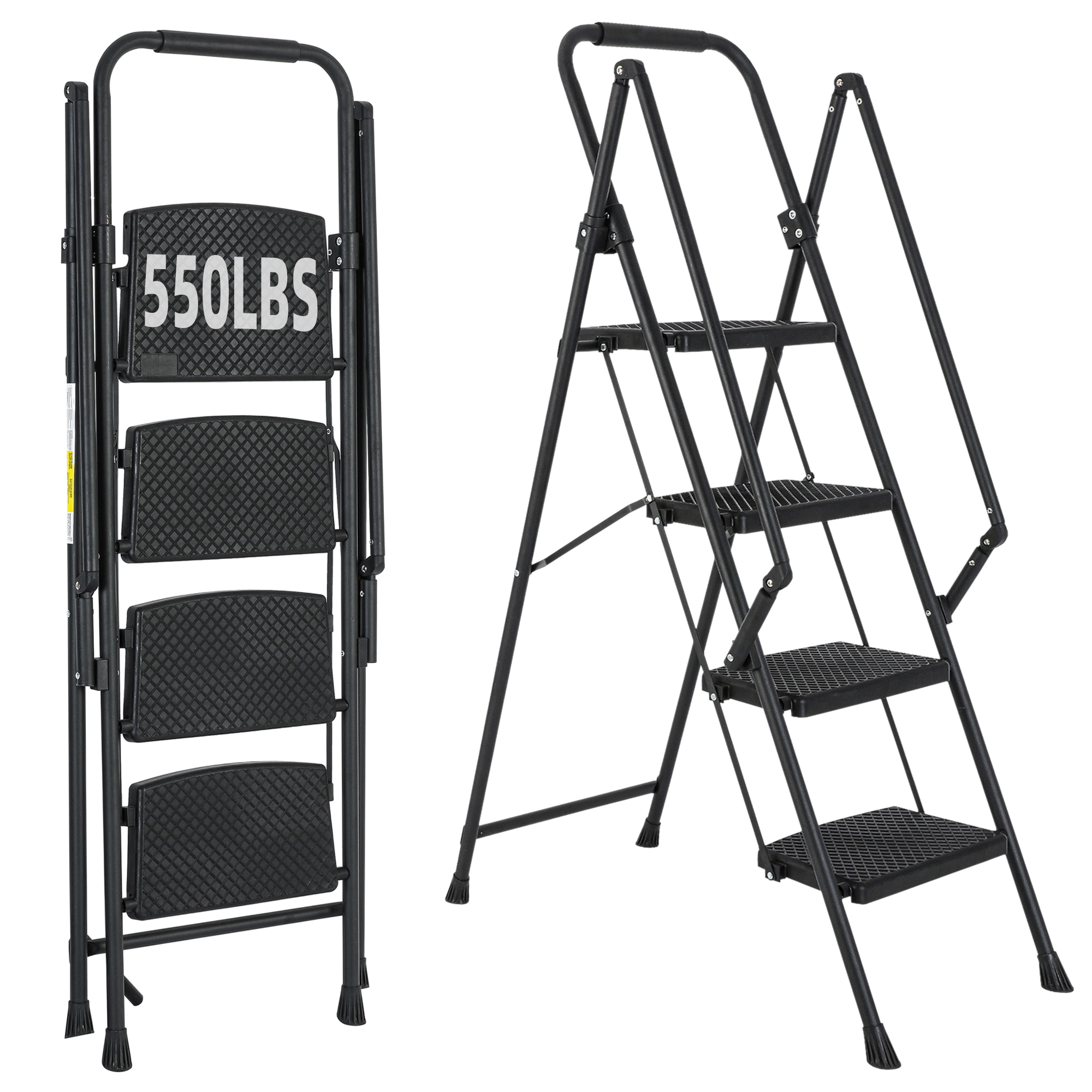 Escalera de 4 pasos Siavonce - Capacidad de 550 lb en acero negro plegable Paso FZ-D0102HRIMCT