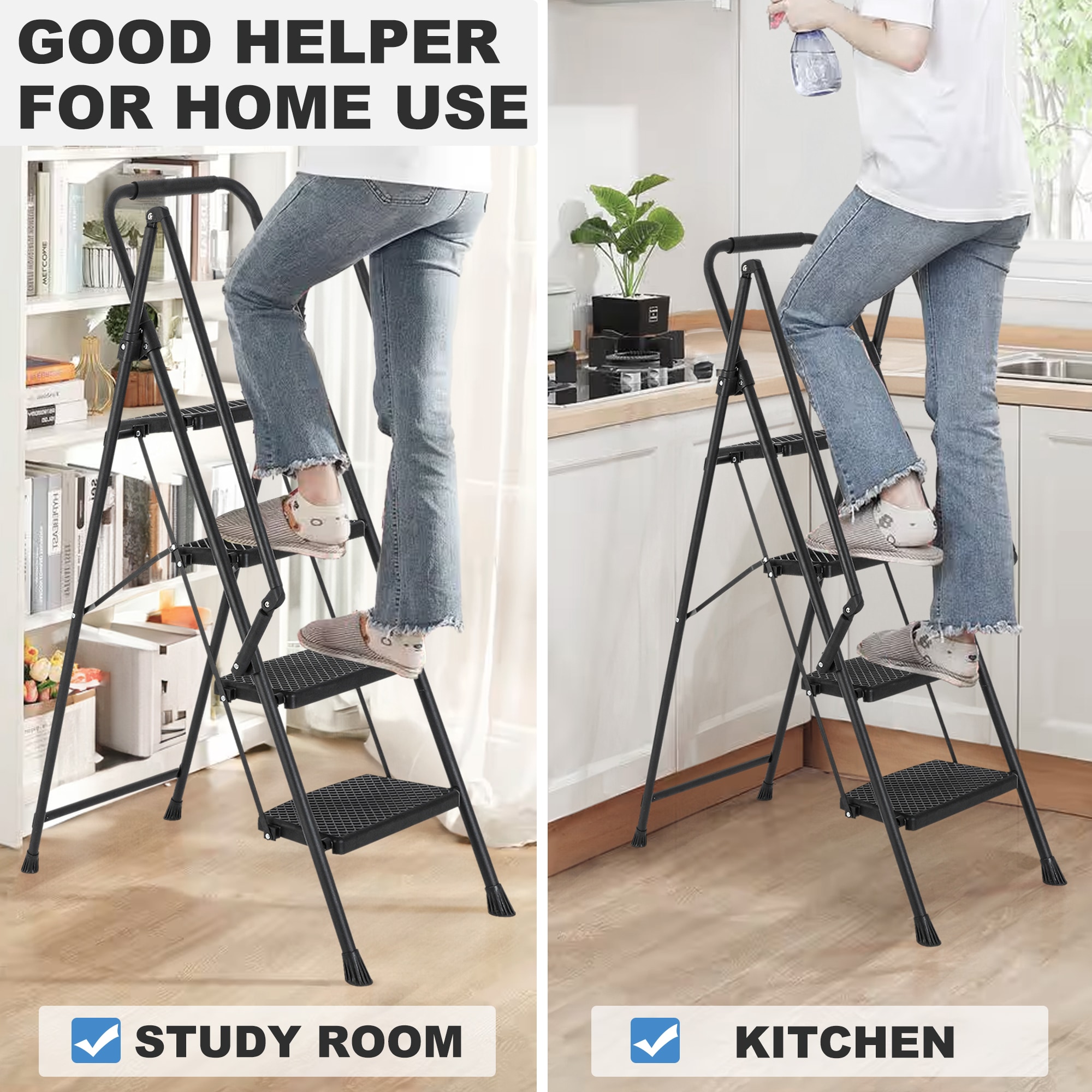 Escalera de 4 pasos Siavonce - Capacidad de 550 lb en acero negro plegable Paso FZ-D0102HRIMCT