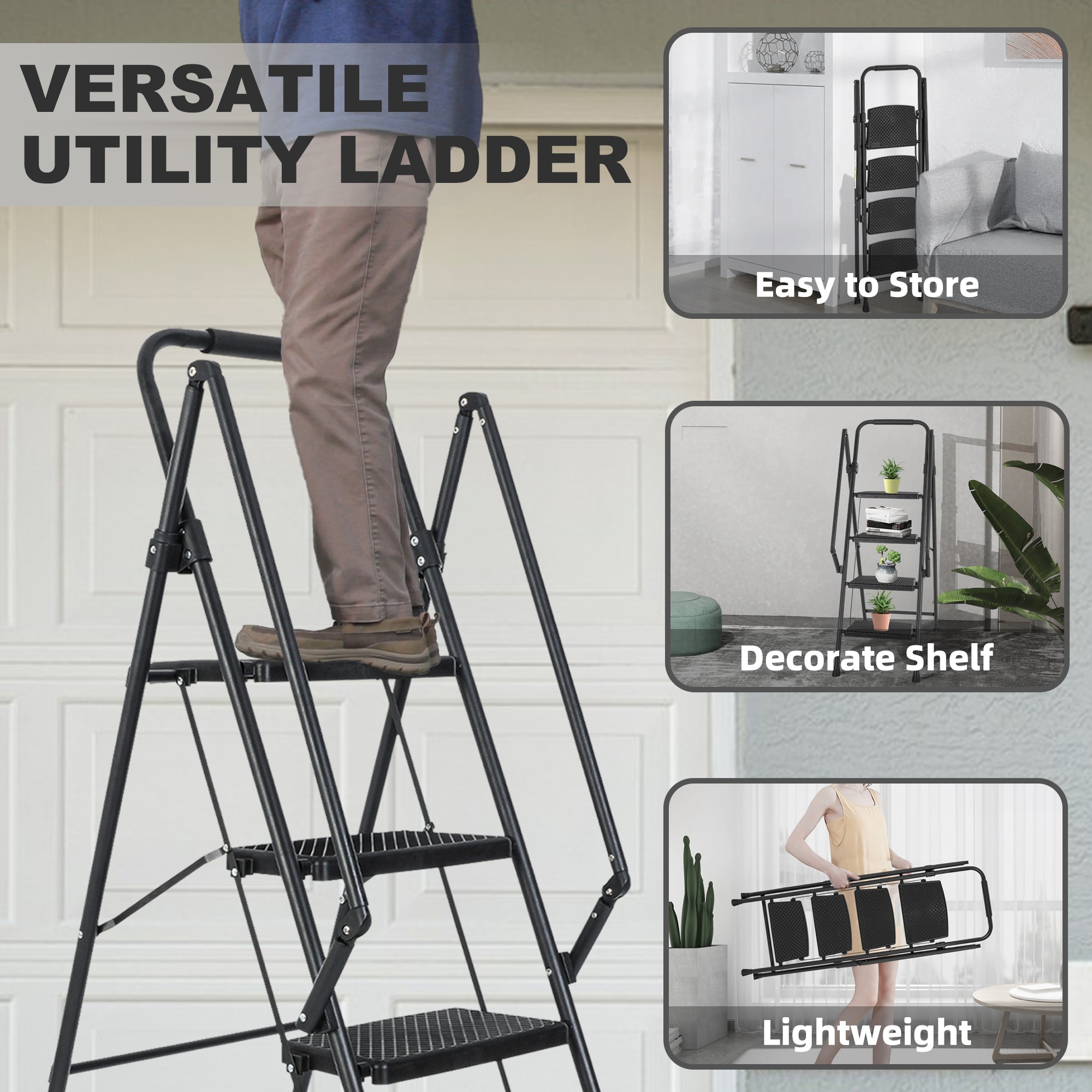 Escalera de 4 pasos Siavonce - Capacidad de 550 lb en acero negro plegable Paso FZ-D0102HRIMCT