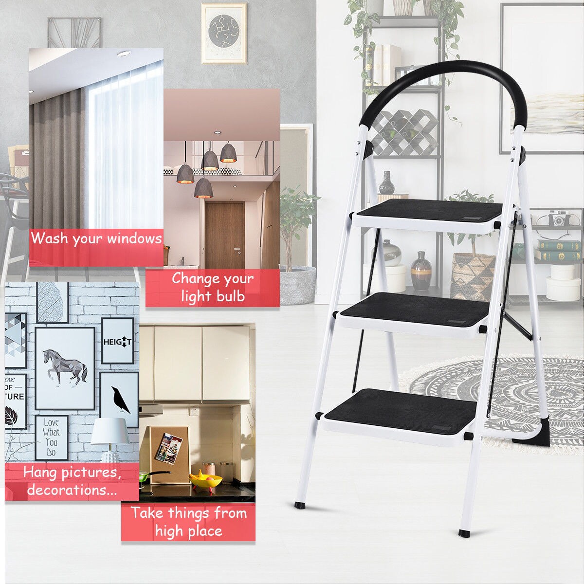 Escalonilla Plegable de Acero Negro con Capacidad de 150 kg y 3 Pasos de WELLFOR