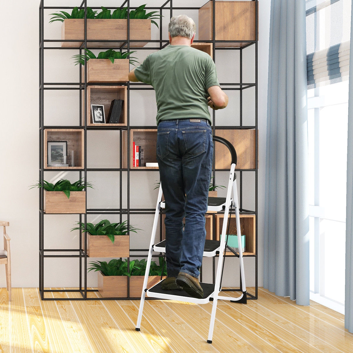 Escalonilla Plegable de Acero Negro con Capacidad de 150 kg y 3 Pasos de WELLFOR