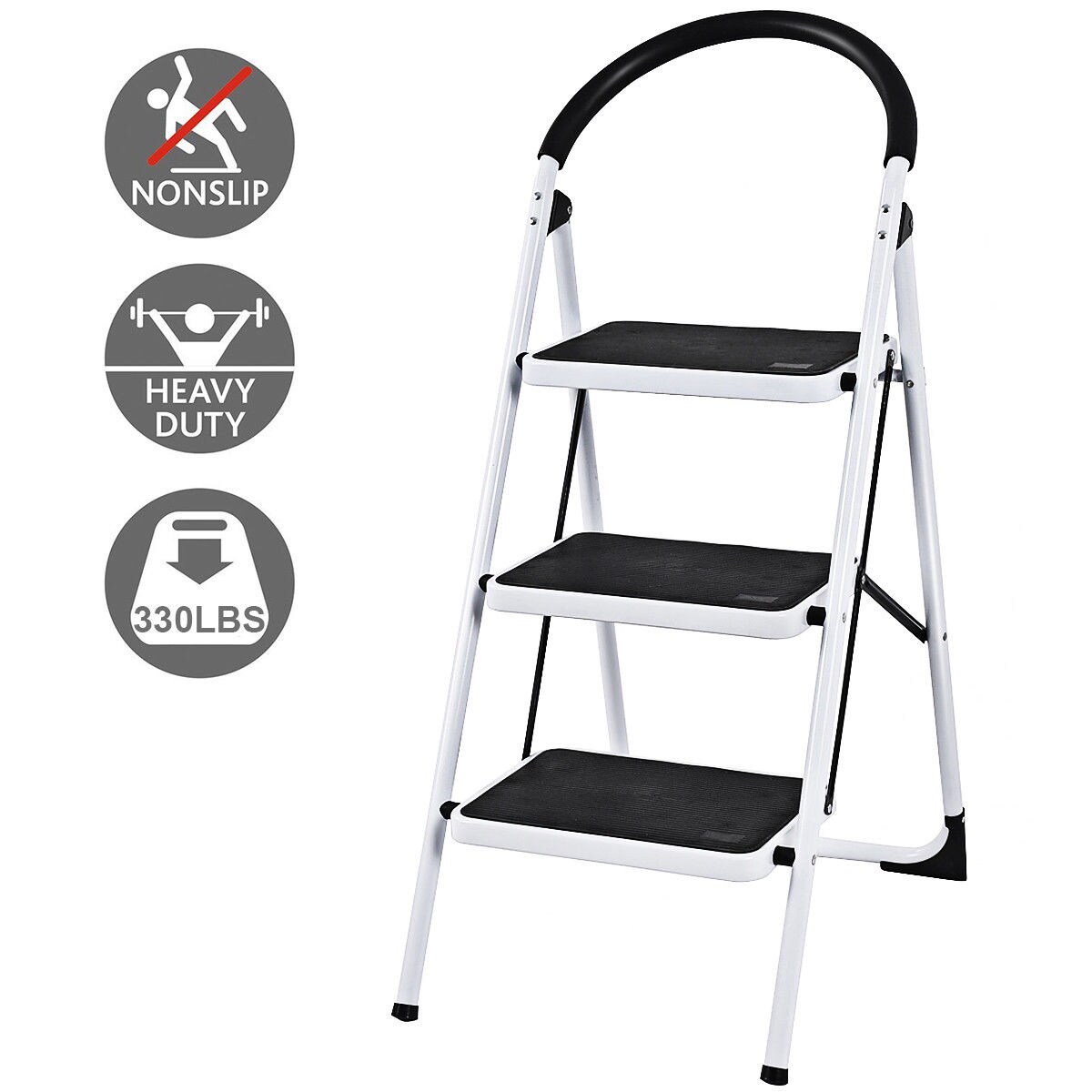 Escalonilla Plegable de Acero Negro con Capacidad de 150 kg y 3 Pasos de WELLFOR