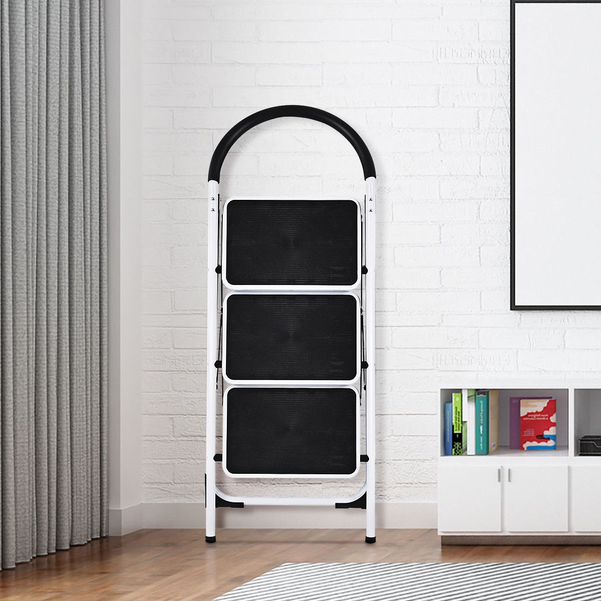 Escalonilla Plegable de Acero Negro con Capacidad de 150 kg y 3 Pasos de WELLFOR