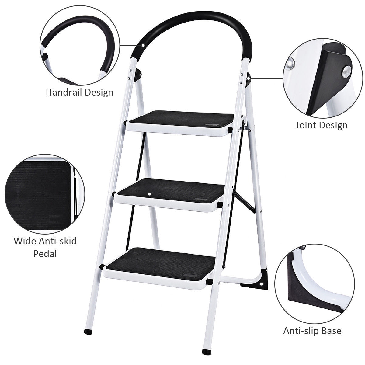 Escalonilla Plegable de Acero Negro con Capacidad de 150 kg y 3 Pasos de WELLFOR