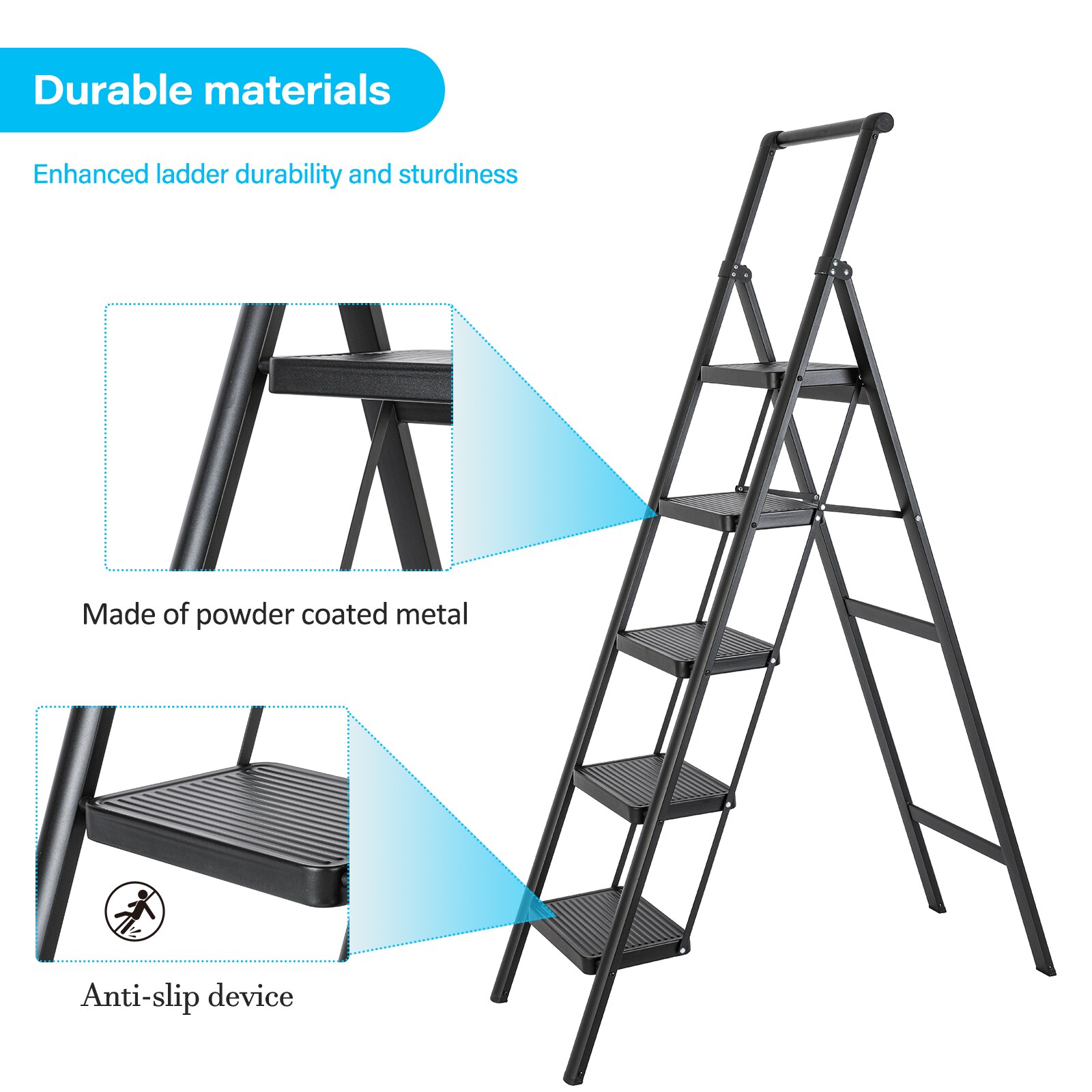 Escalera de 5 peldaños con capacidad de 330 lb de acero negro plegable - Paso Siavonce