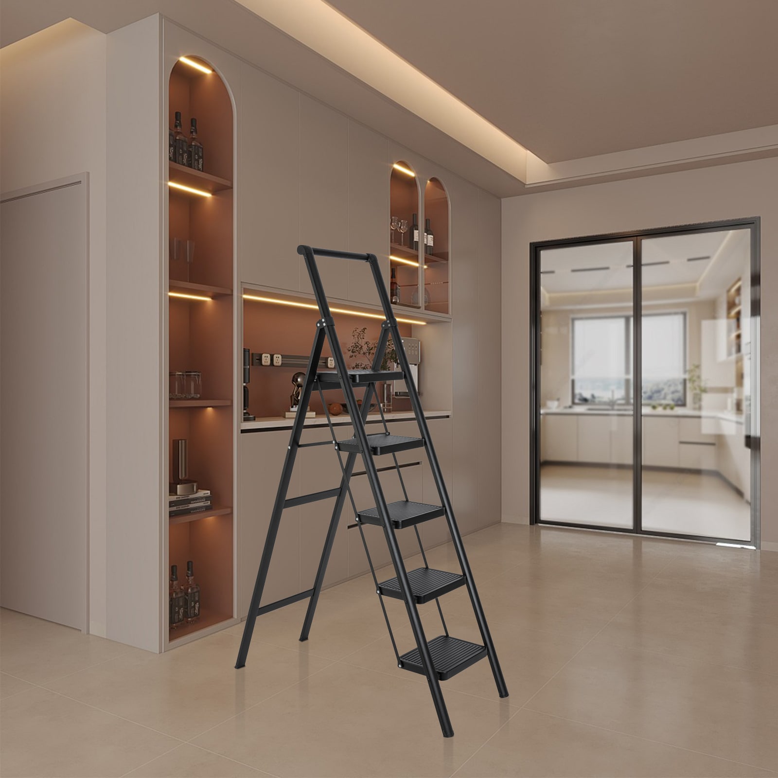 Escalera de 5 peldaños con capacidad de 330 lb de acero negro plegable - Paso Siavonce