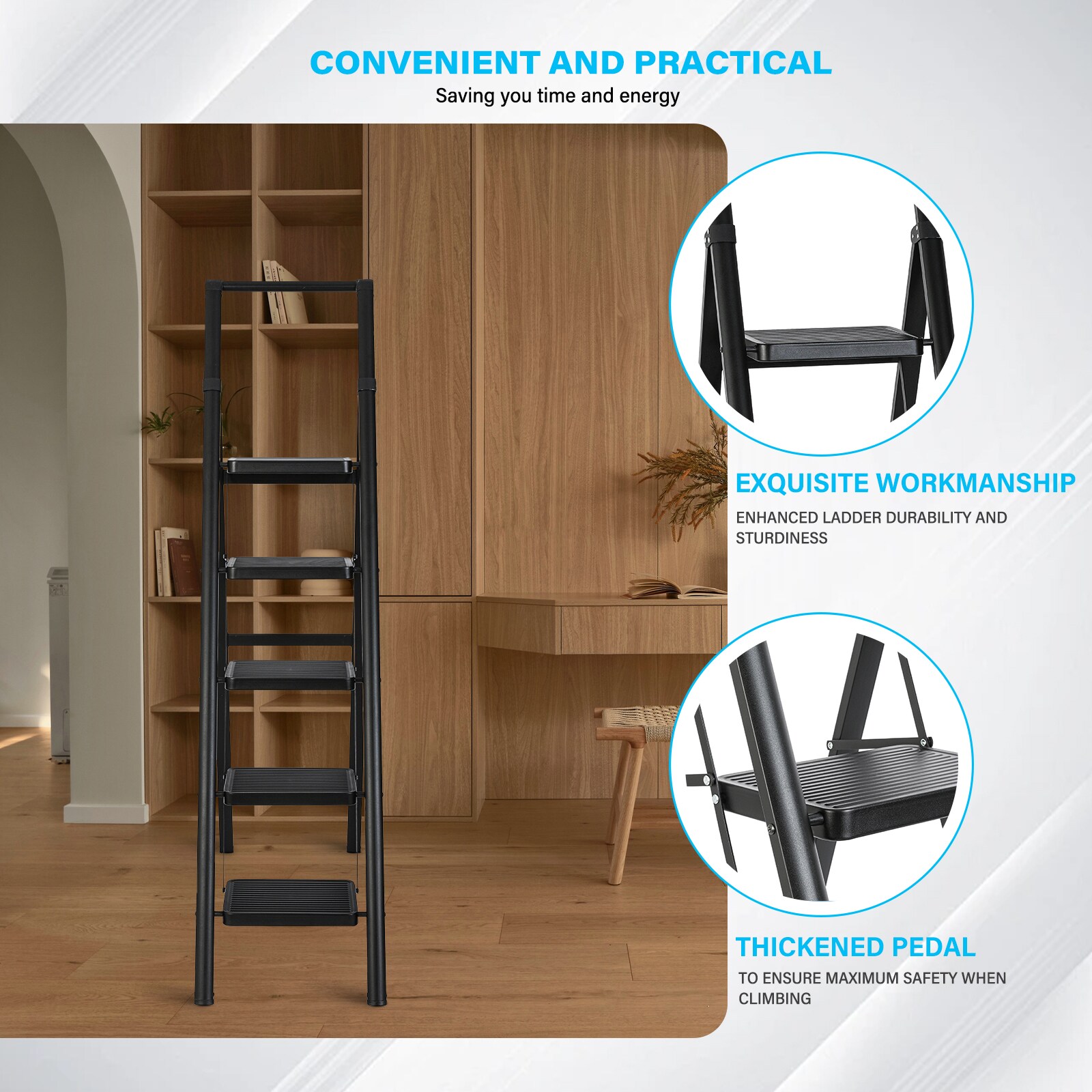 Escalera de 5 peldaños con capacidad de 330 lb de acero negro plegable - Paso Siavonce