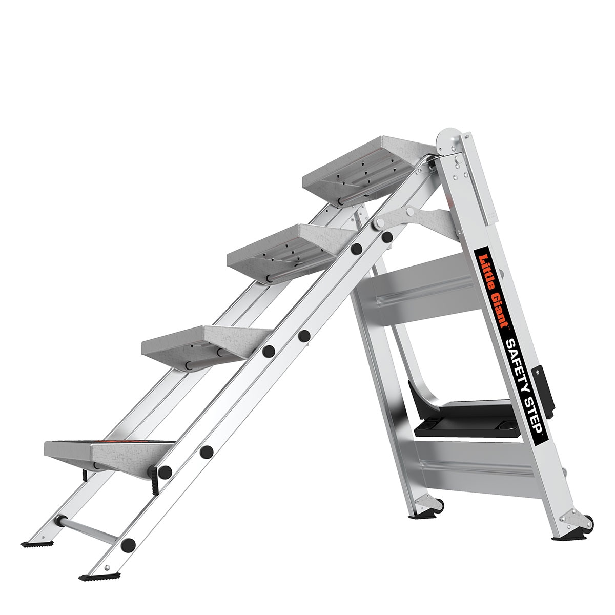 Escalón plegable de aluminio plateado con capacidad de 300 lb de Little Giant Ladders - Escalón de seguridad de 4 peldaños 10410BA