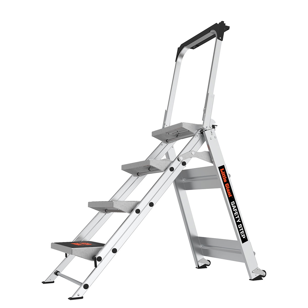 Escalón plegable de aluminio plateado con capacidad de 300 lb de Little Giant Ladders - Escalón de seguridad de 4 peldaños 10410BA
