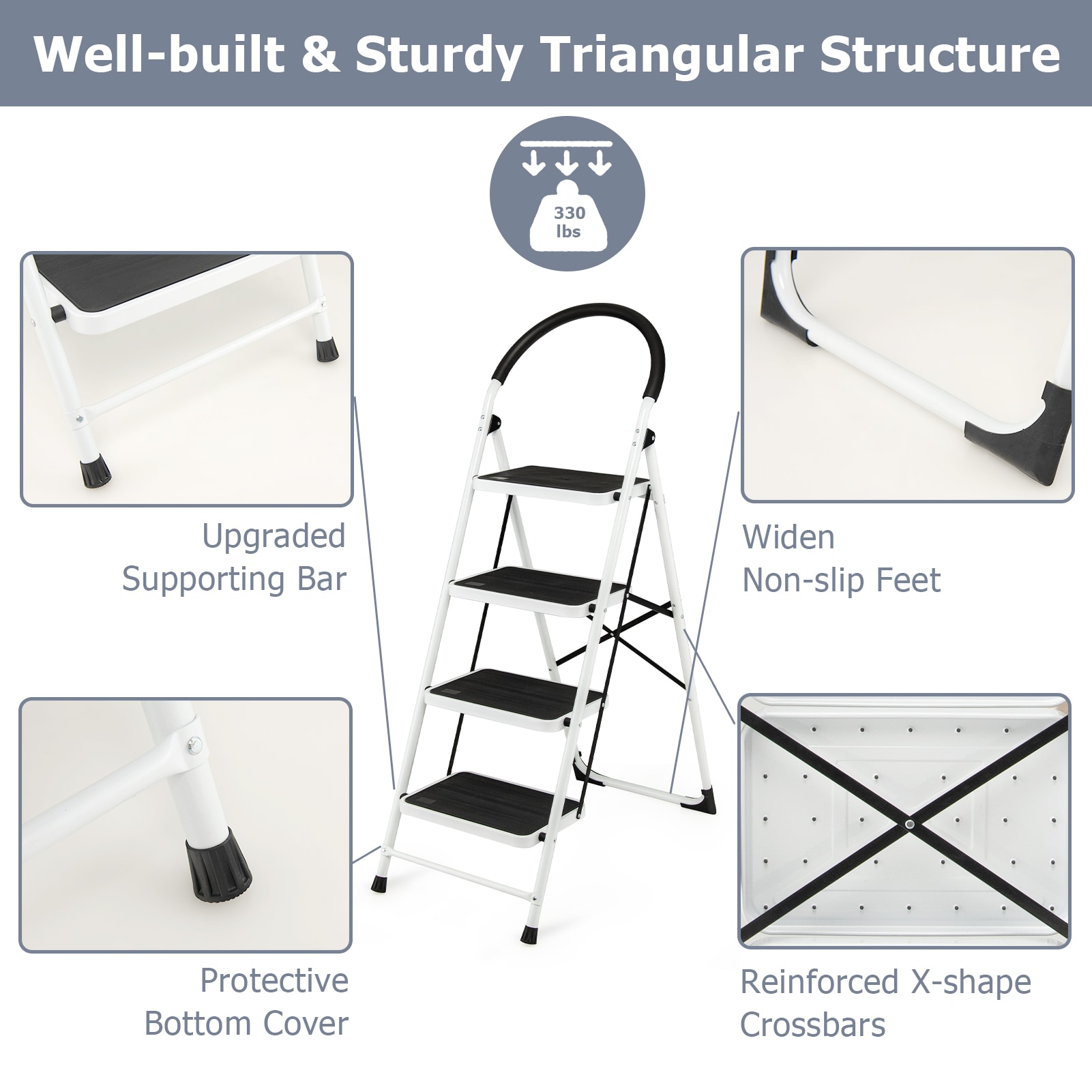 Taburete plegable de acero negro WELLFOR con capacidad de 330 libras de 4 pasos TL-HGY-35311