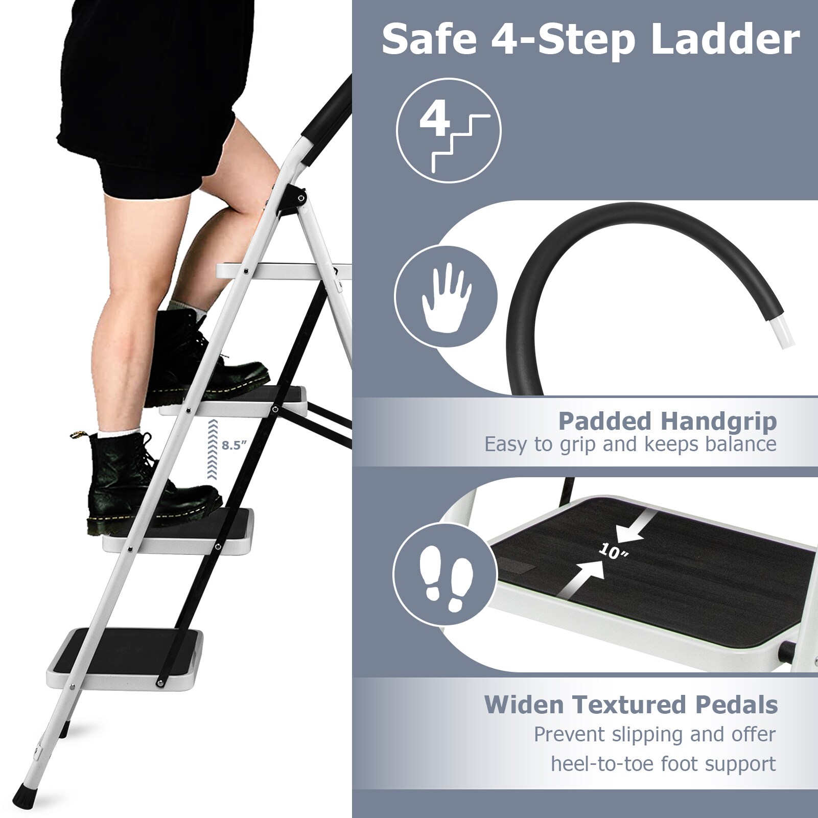 Taburete plegable de acero negro WELLFOR con capacidad de 330 libras de 4 pasos TL-HGY-35311