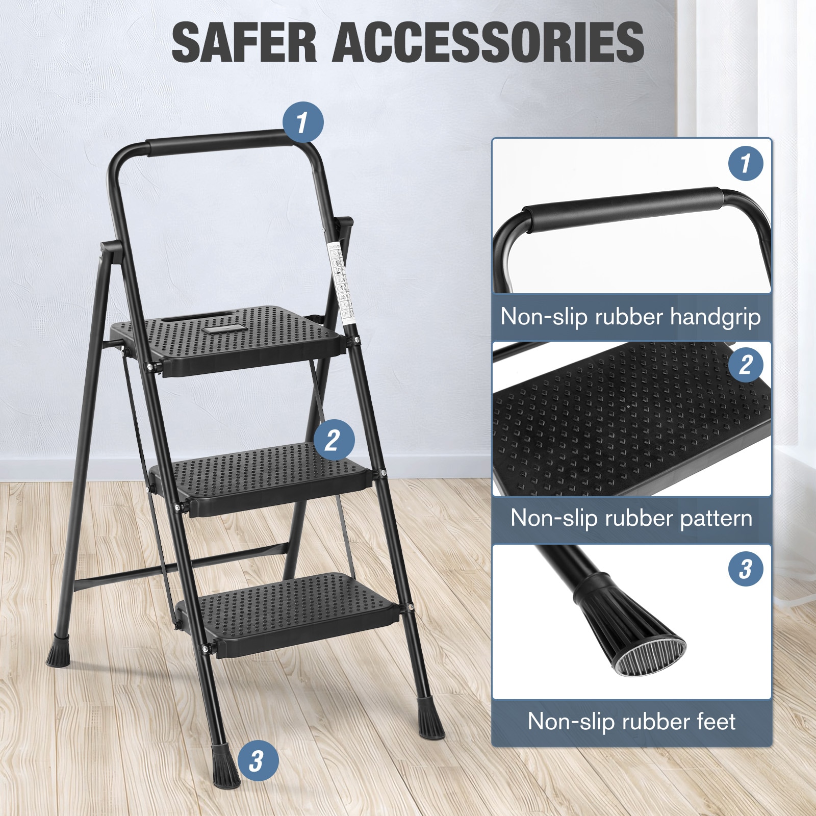 Taburete plegable de acero negro de capacidad para 800 libras de 3 pasos Maocao Hoom YCBH47988