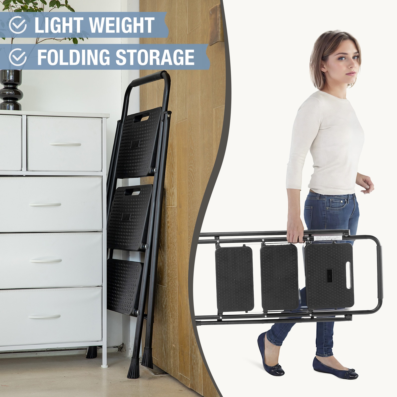 Taburete plegable de acero negro de capacidad para 800 libras de 3 pasos Maocao Hoom YCBH47988