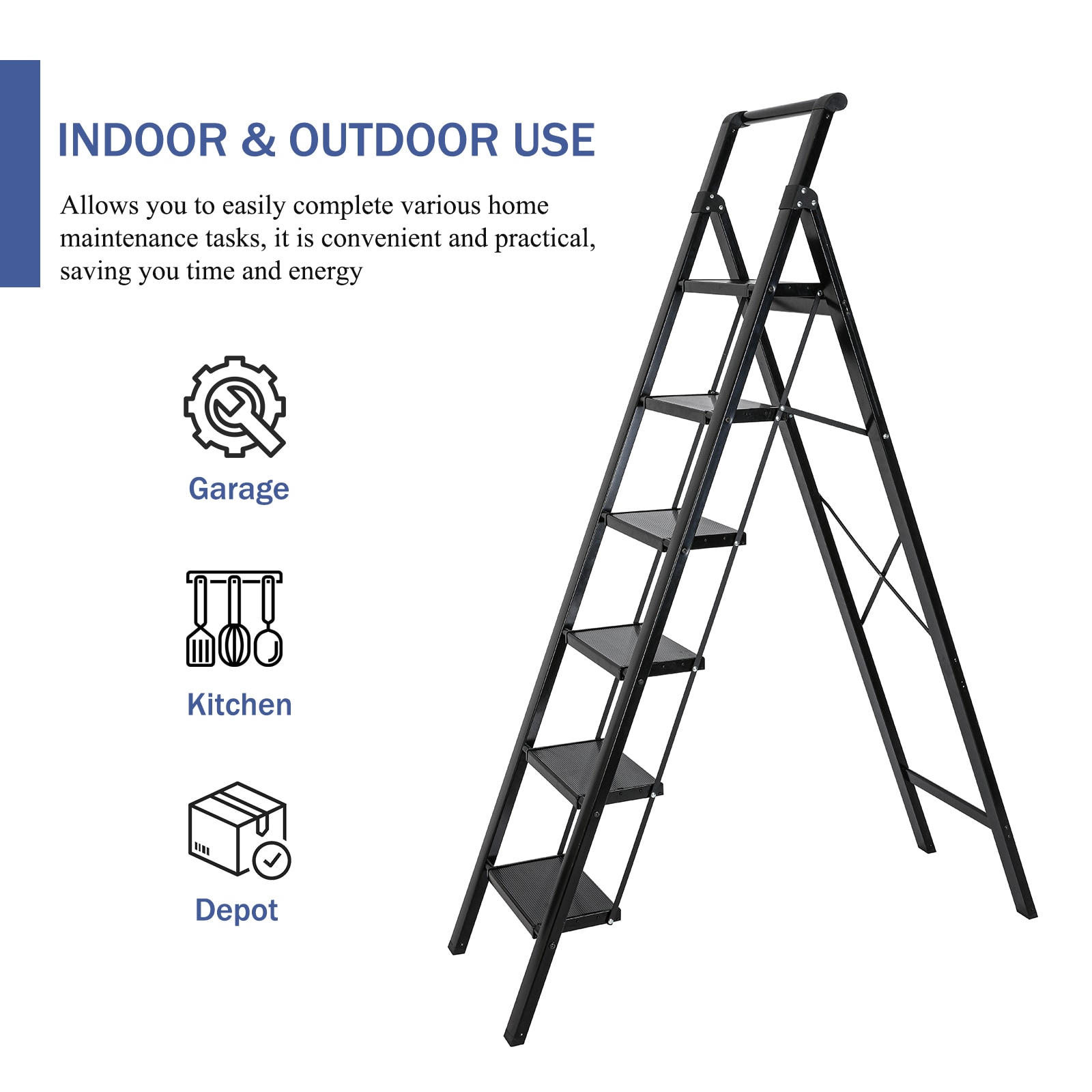 Escalón plegable de aluminio negro Maocao Hoom de 6 pasos con capacidad de 330 lb BH103953