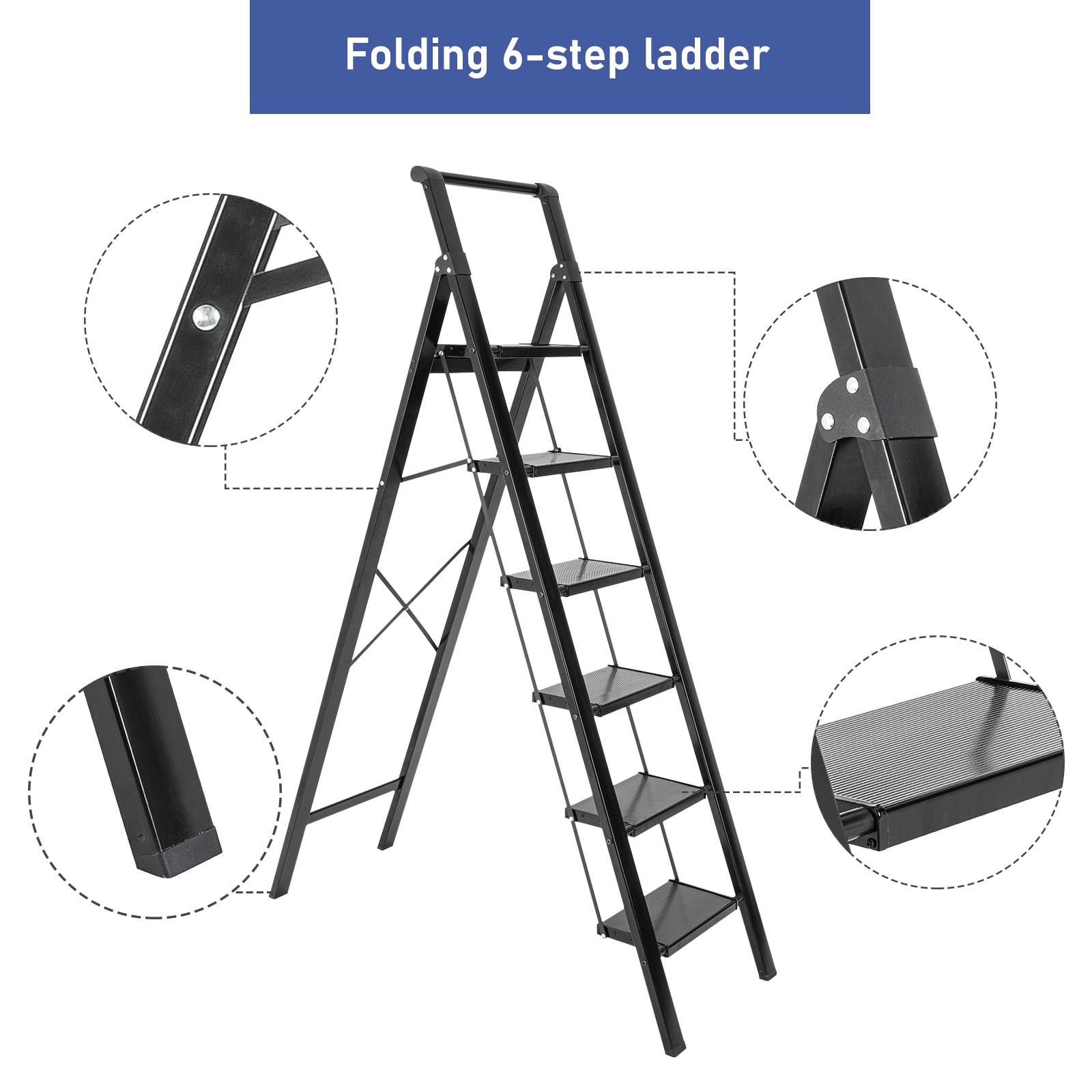Escalón plegable de aluminio negro Maocao Hoom de 6 pasos con capacidad de 330 lb BH103953